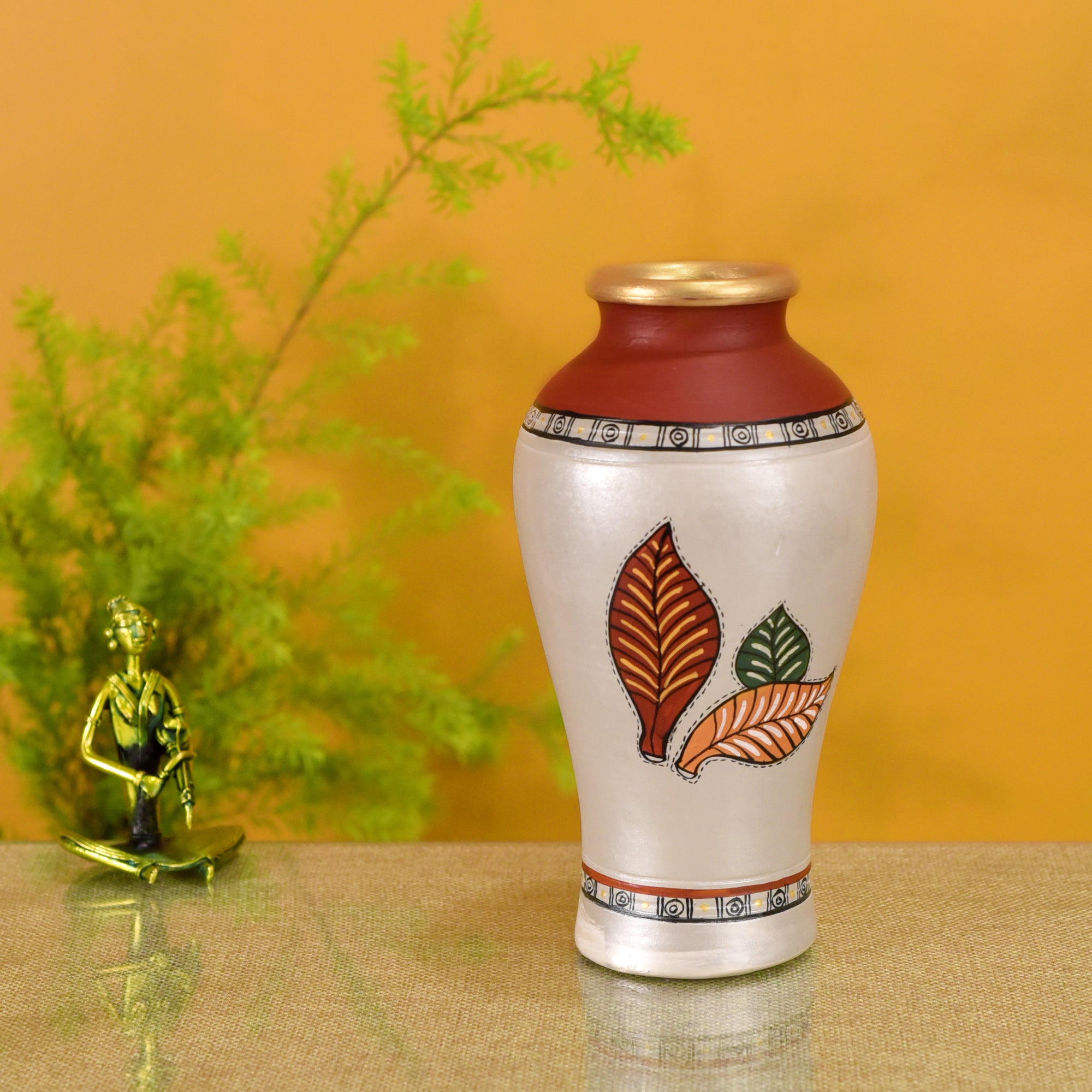Silver Bloom Earthen Vase Handpainted in Tribal Art (9x5)