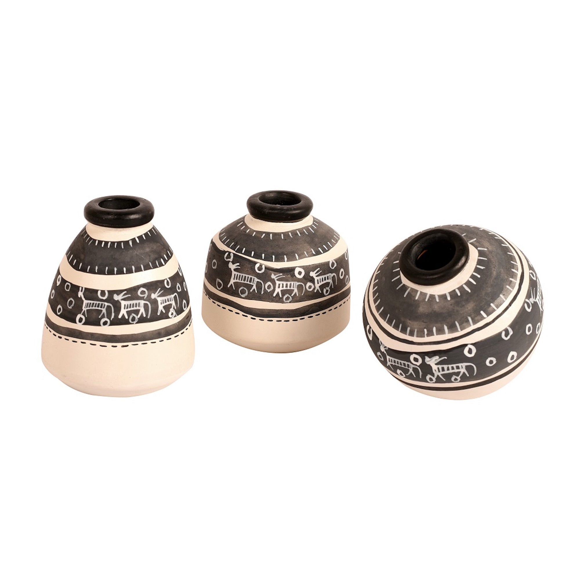 Vase Earthen Miniatures White Warli (Set of 3) (2.6/2.2/2.4)