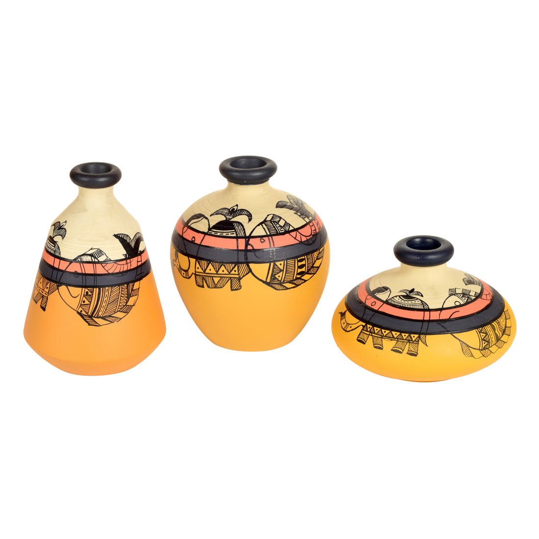 Yellow Terracotta Vases with Madhubani Tattoo Art