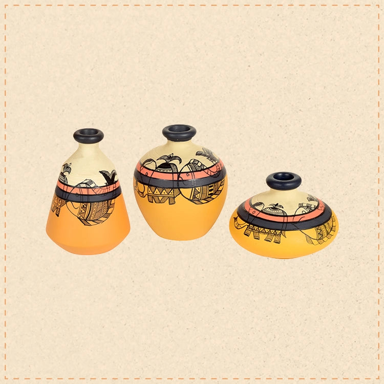 Yellow Terracotta Vases with Madhubani Tattoo Art