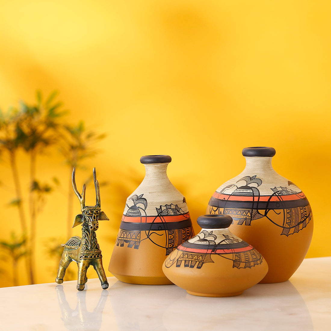 Yellow Terracotta Vases with Madhubani Tattoo Art