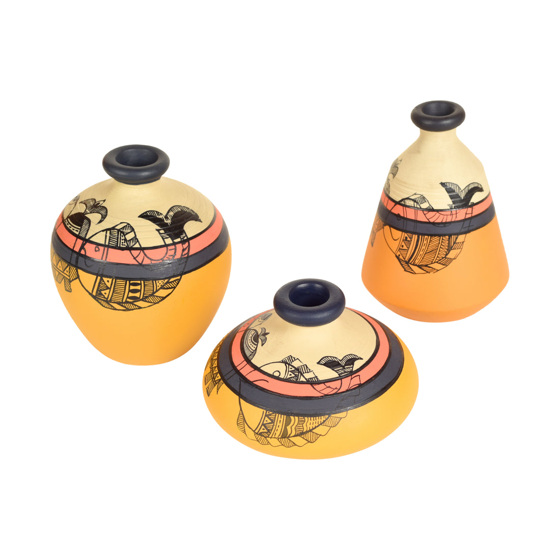 Yellow Terracotta Vases with Madhubani Tattoo Art