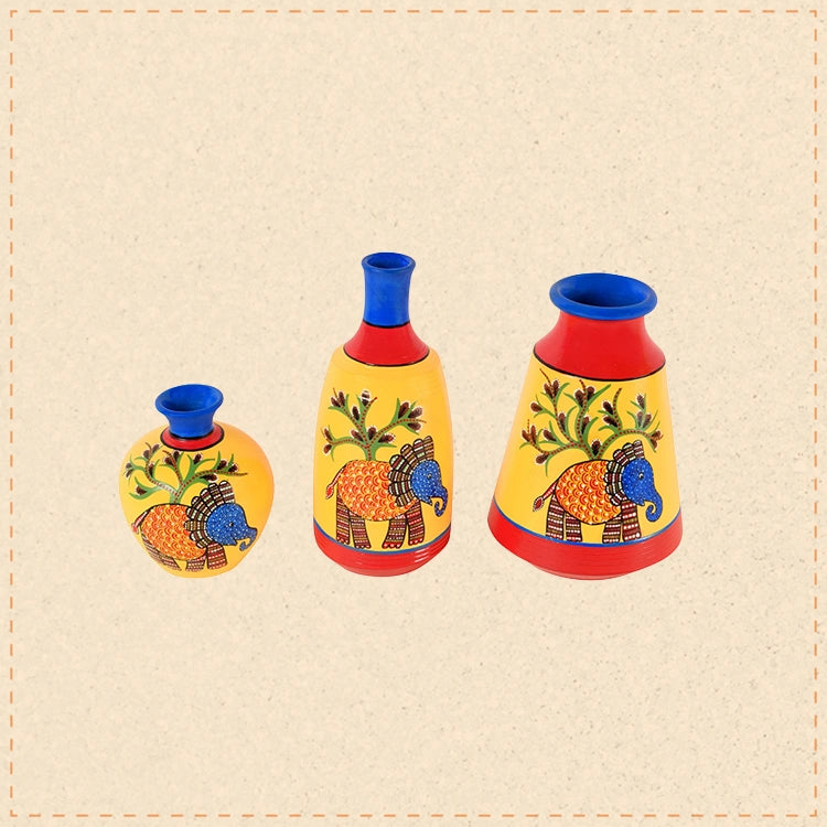 Joyful Elephants Terracotta Vase Set of Set of 3