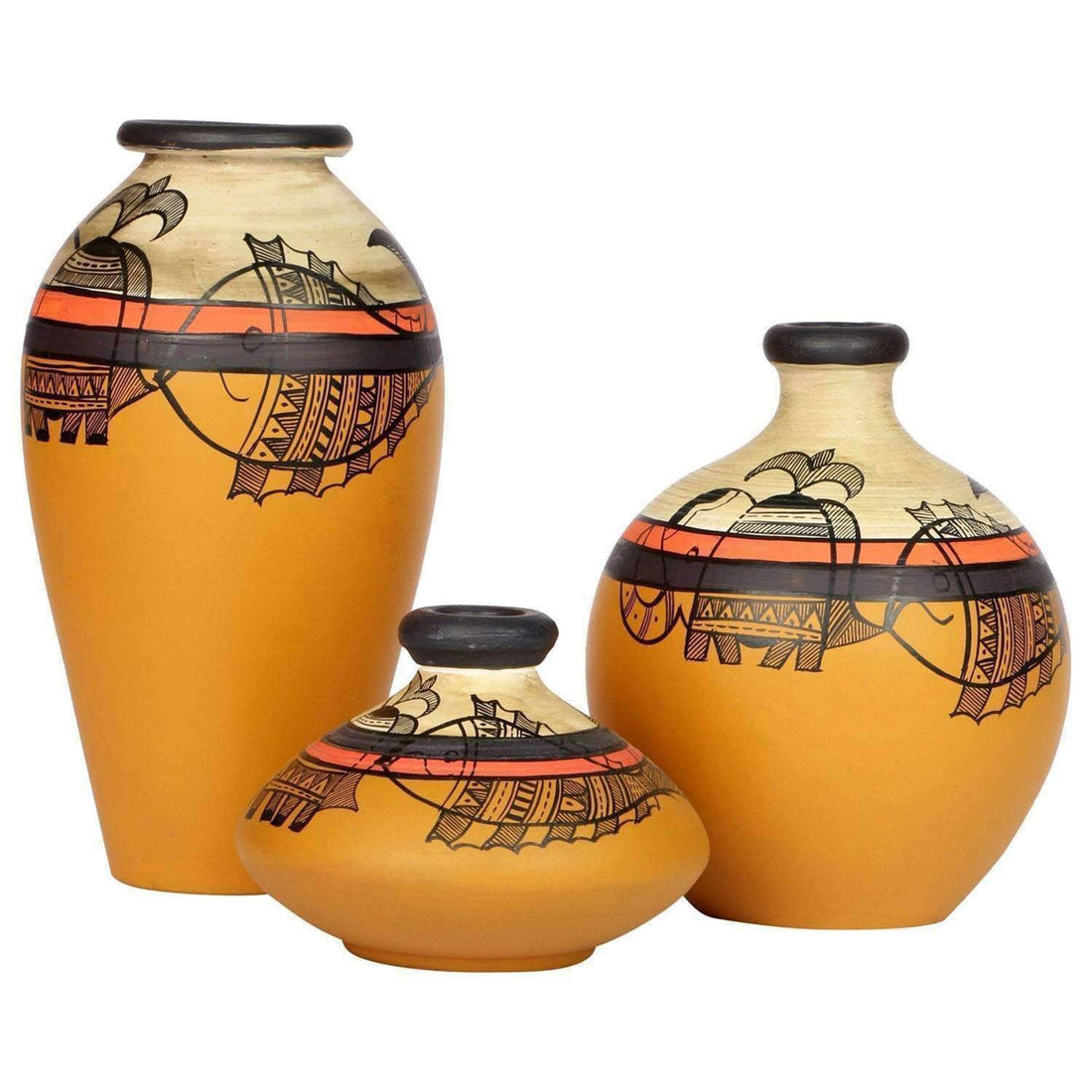 Vase Earthen Miniatures Yellow Madhubani (Set of 3) 4.4/5/7