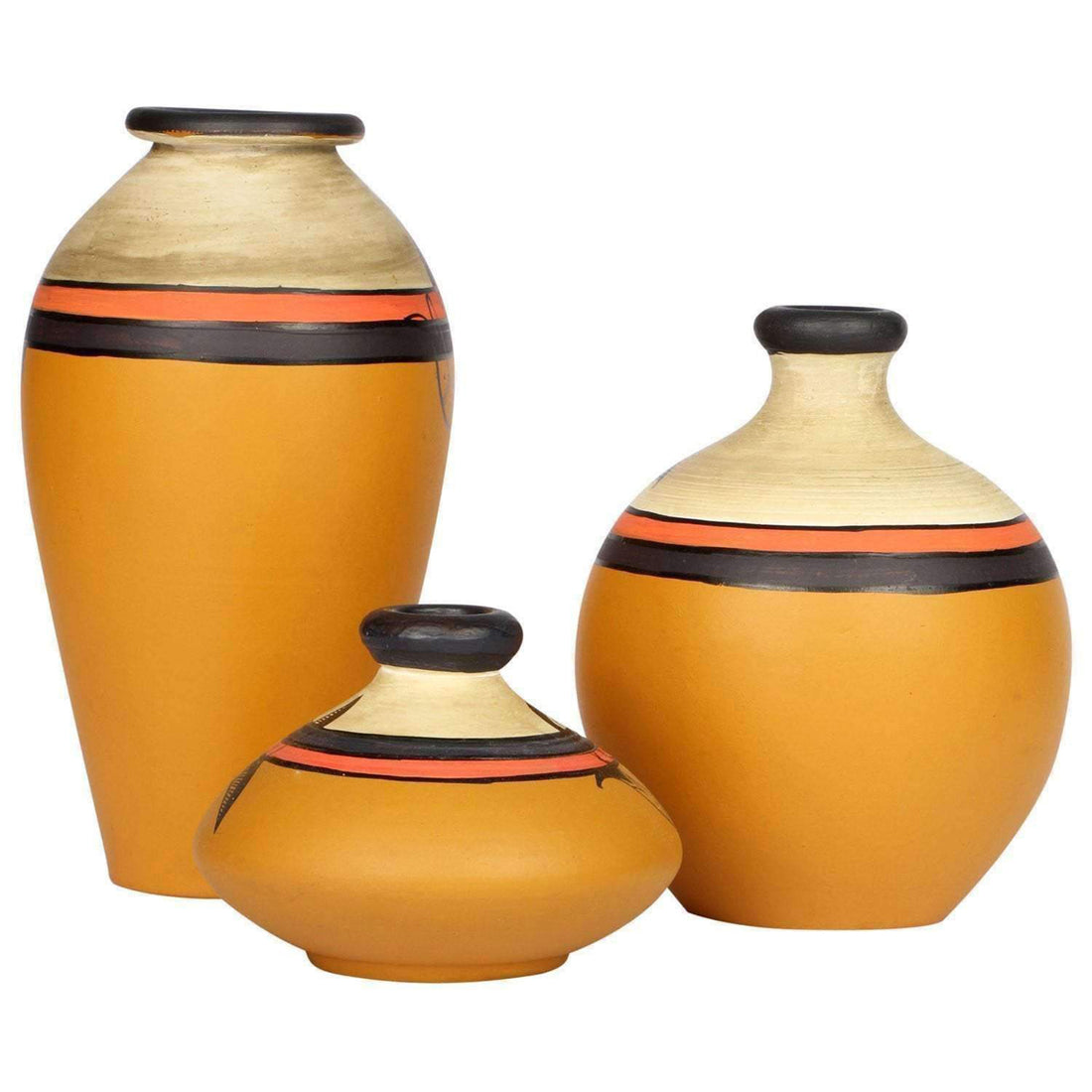 Vase Earthen Miniatures Yellow Madhubani (Set of 3) 4.4/5/7