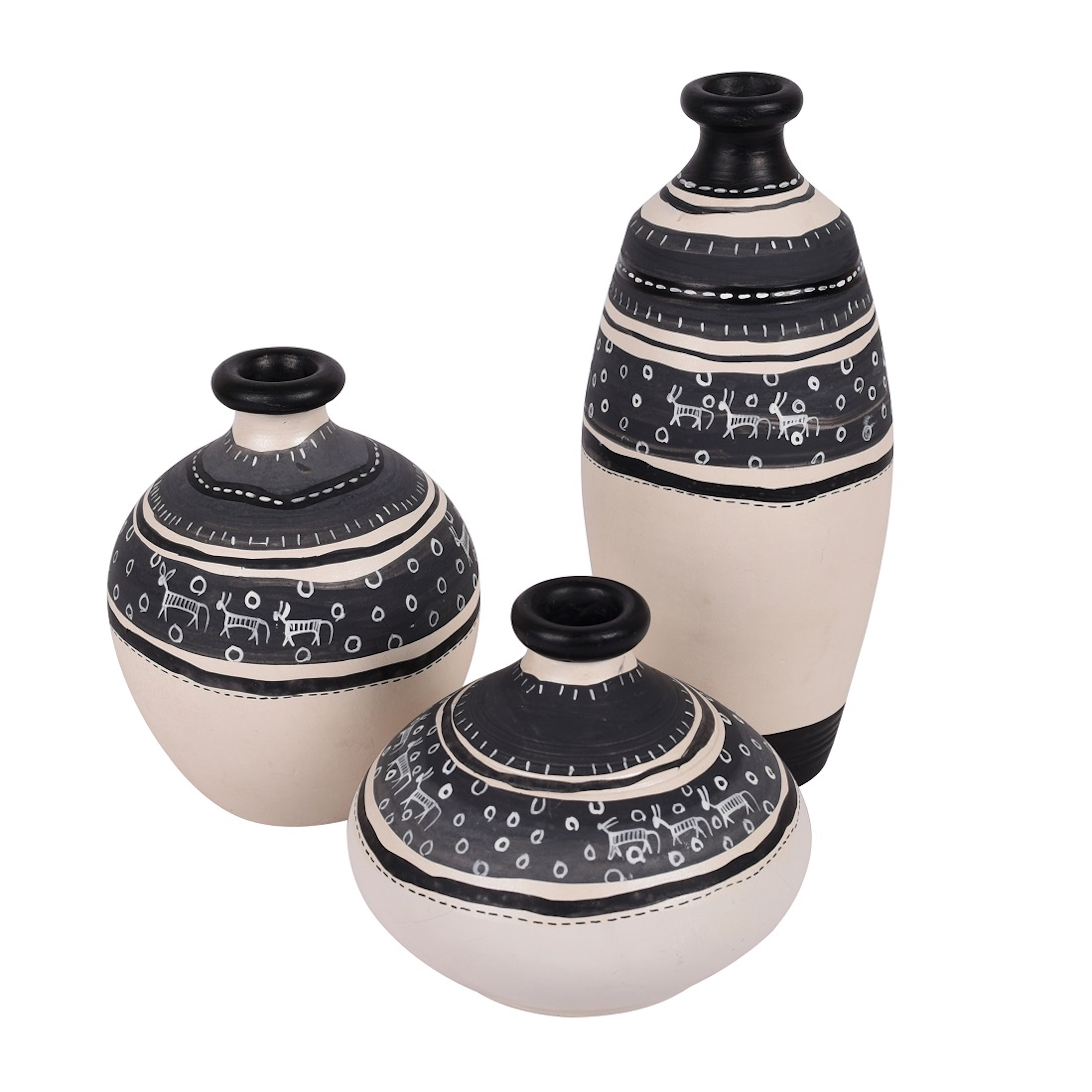 Vase Earthen White Warli (Set of 3) 5/6/3.4