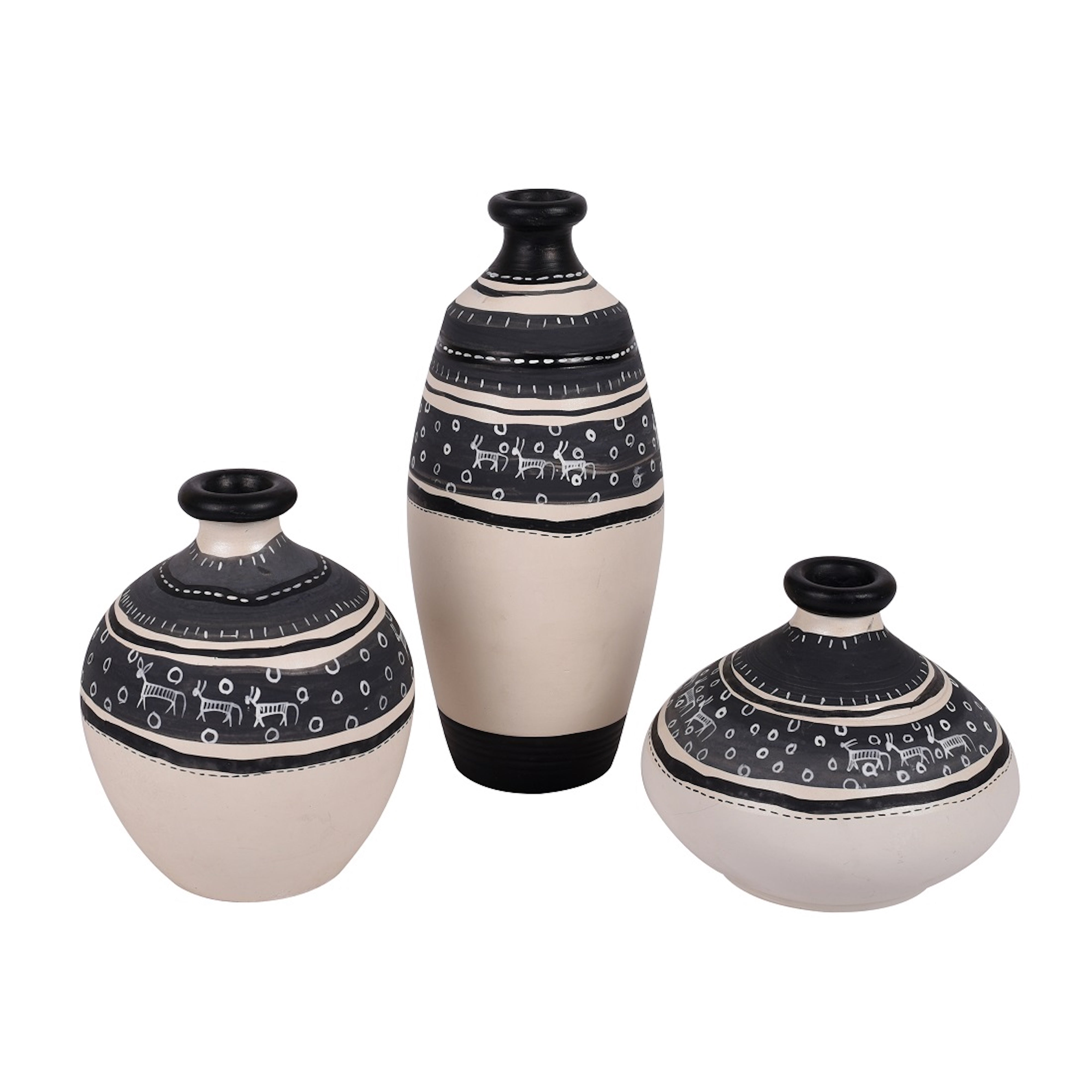 Vase Earthen White Warli (Set of 3) 5/6/3.4
