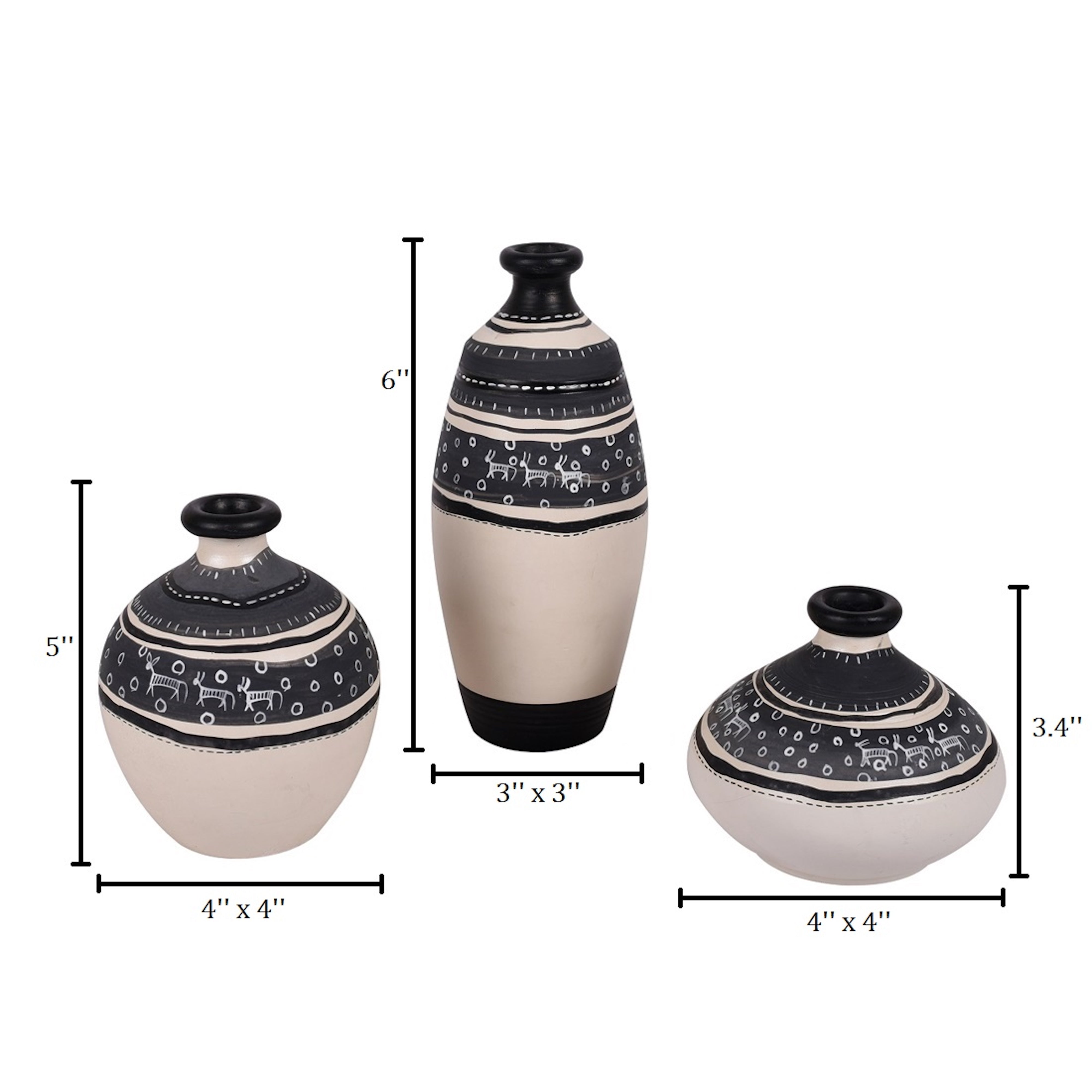 Vase Earthen White Warli (Set of 3) 5/6/3.4