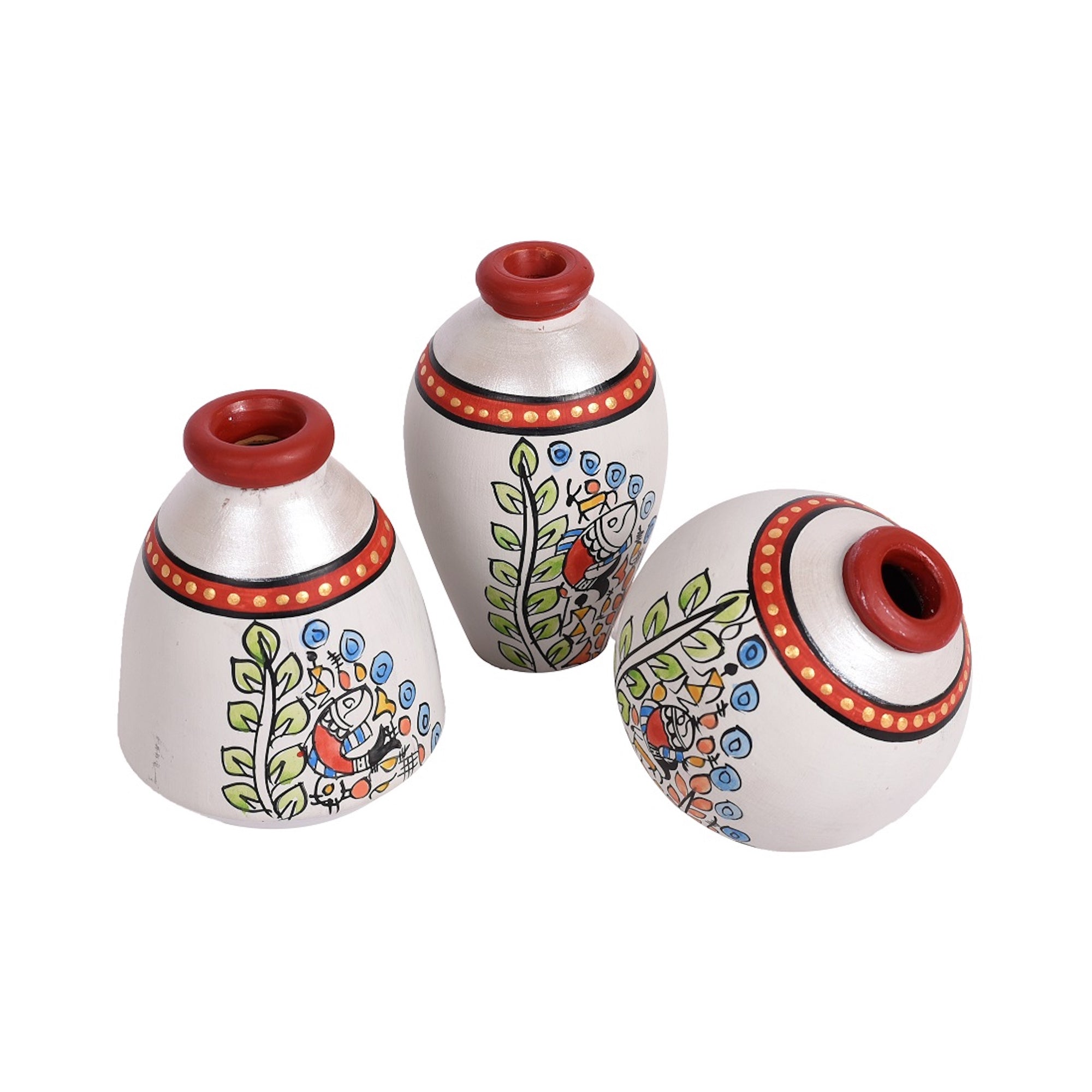 Vase Earthen Miniatures White Madhubani (Set of 3) 2.5/3/3
