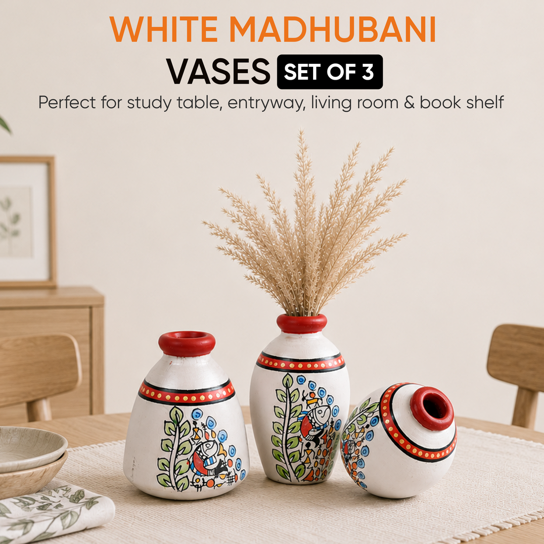 Vase Earthen Miniatures White Madhubani (Set of 3) 2.5/3/3