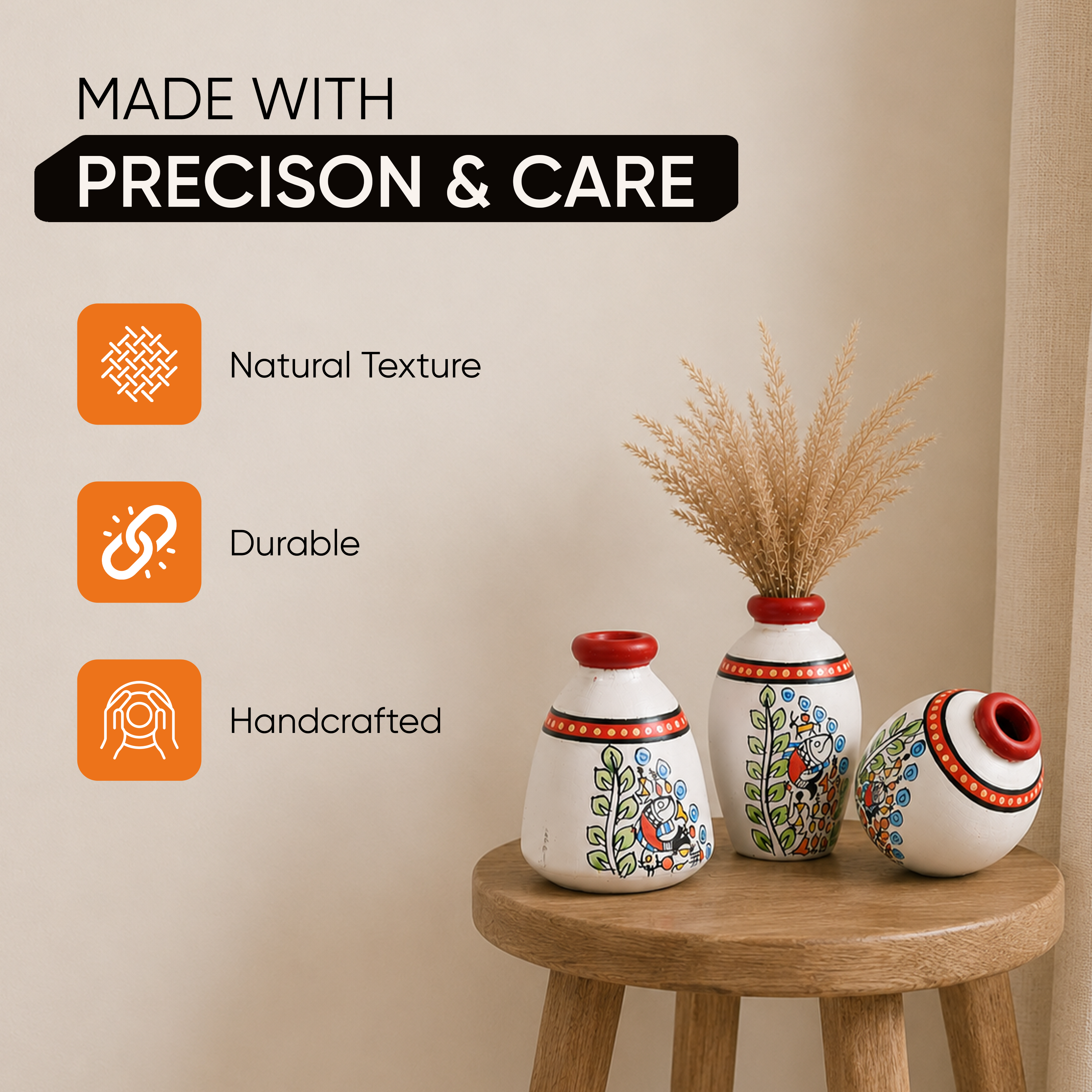 Vase Earthen Miniatures White Madhubani (Set of 3) 2.5/3/3