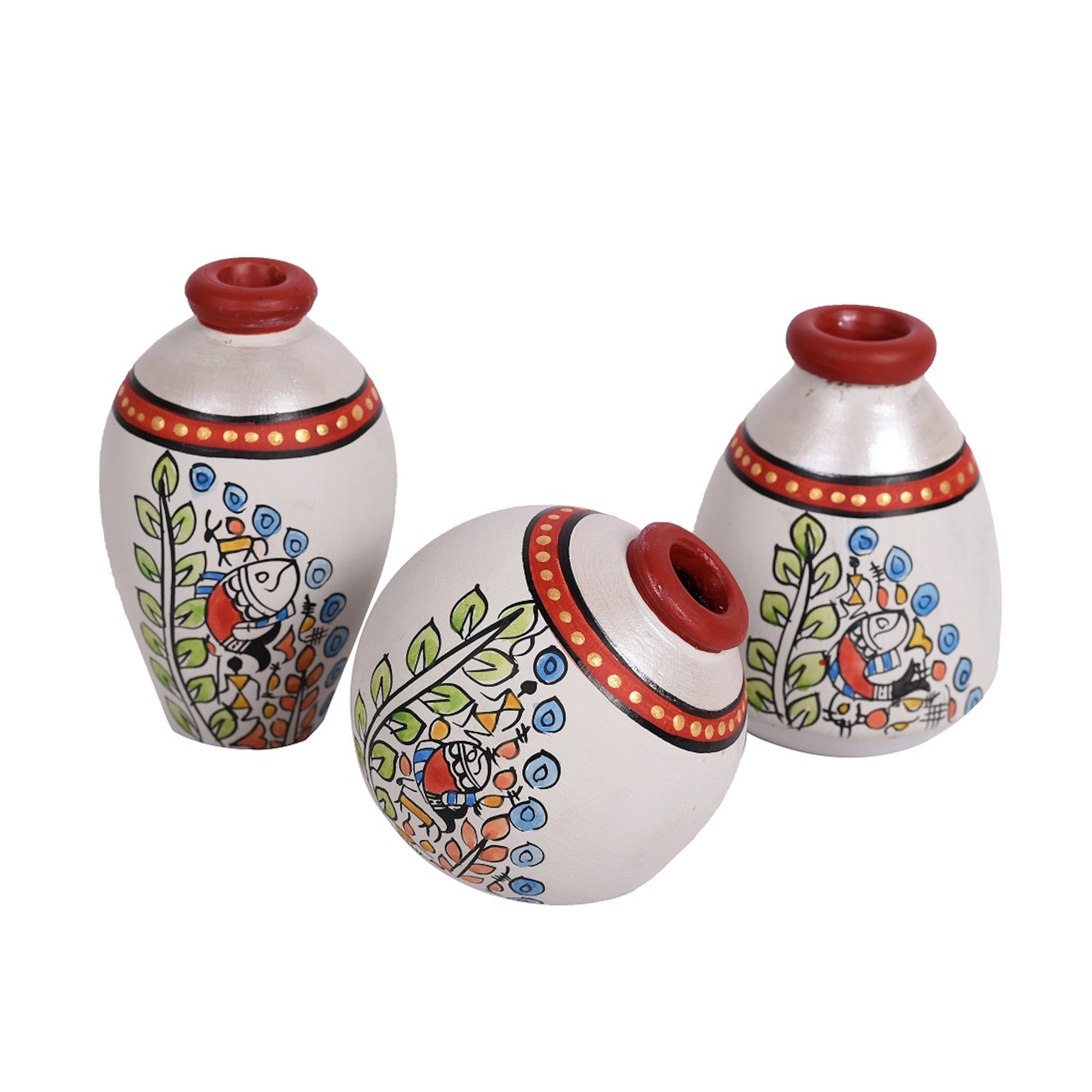 Vase Earthen Miniatures White Madhubani (Set of 3) 2.5/3/3