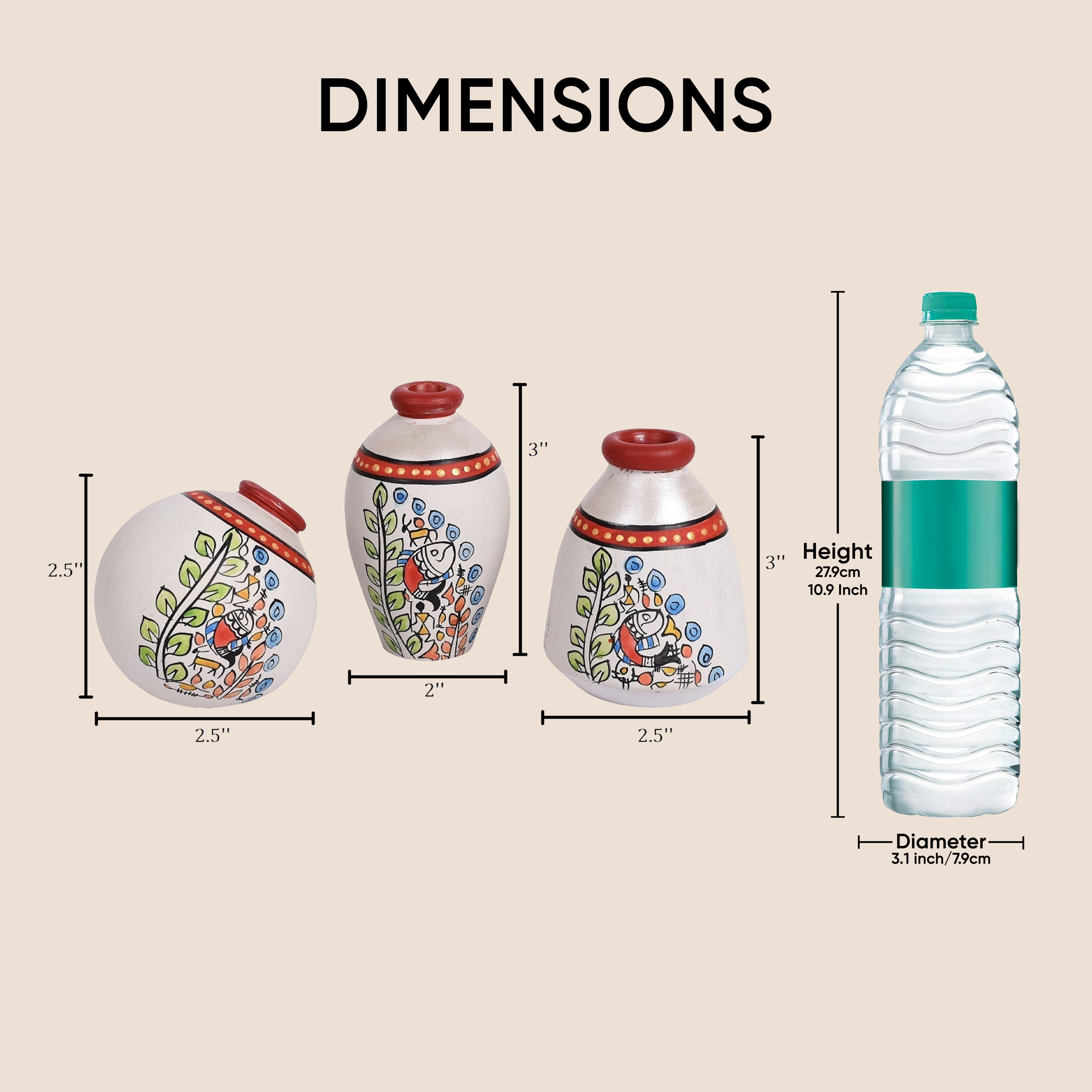 Vase Earthen Miniatures White Madhubani (Set of 3) 2.5/3/3