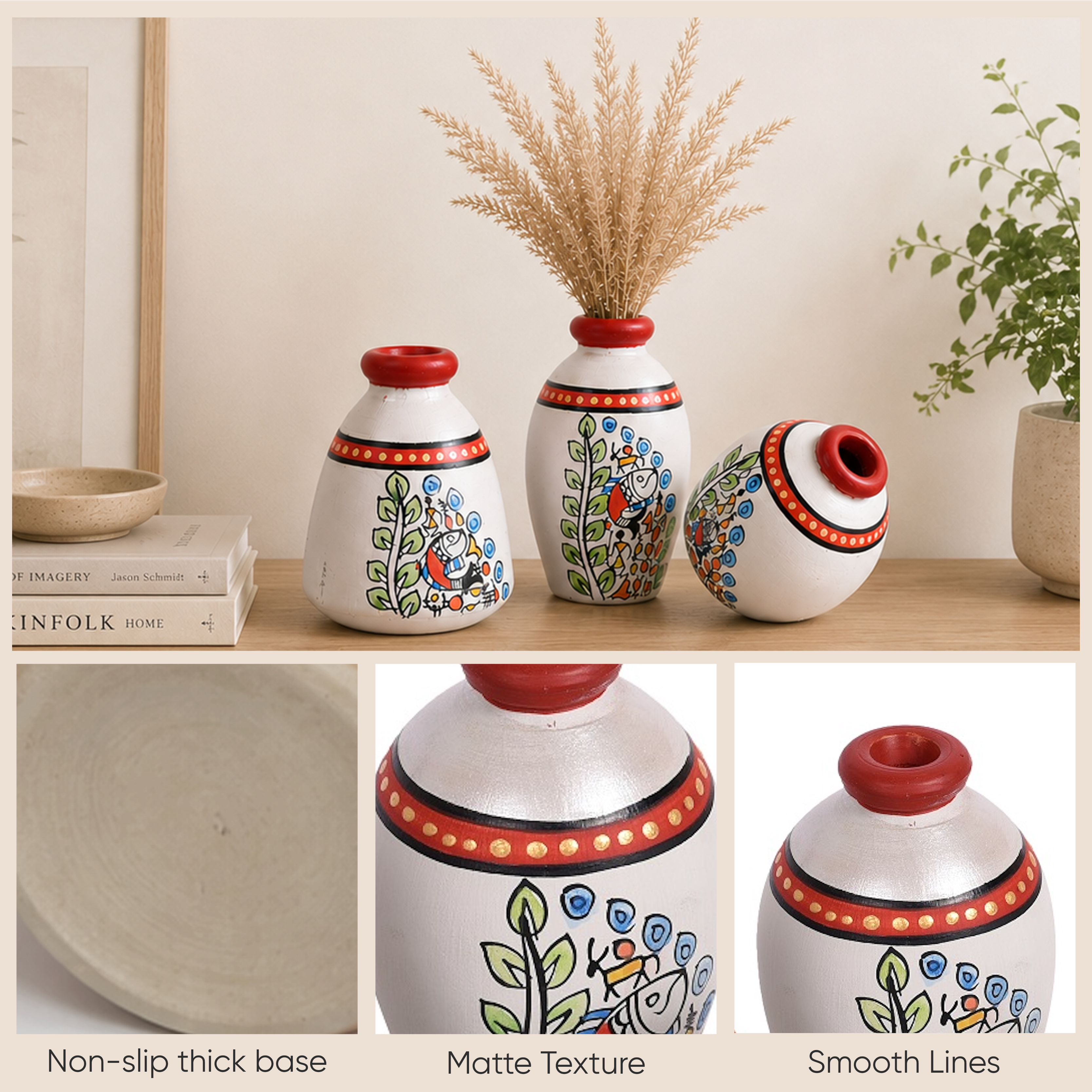 Vase Earthen Miniatures White Madhubani (Set of 3) 2.5/3/3