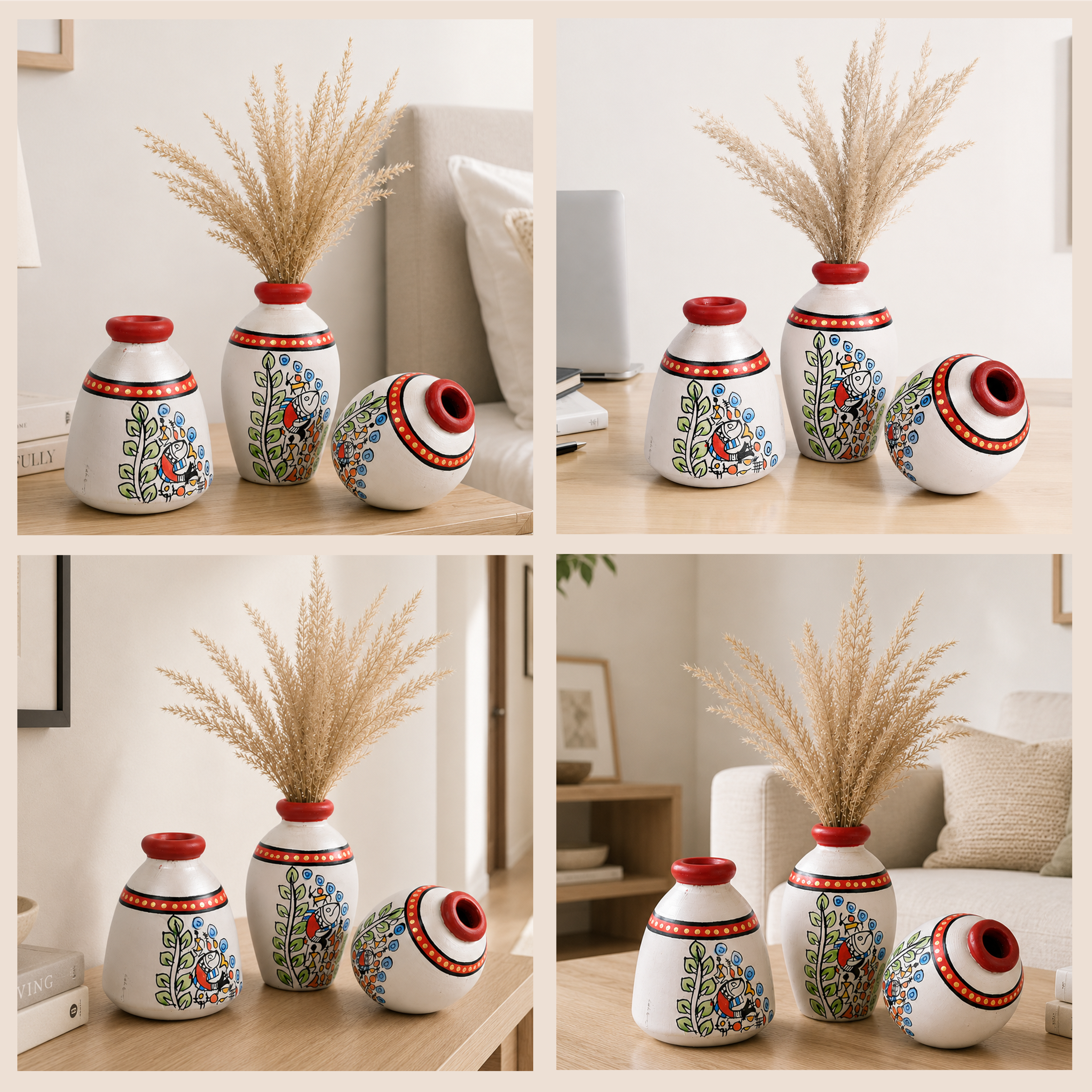 Vase Earthen Miniatures White Madhubani (Set of 3) 2.5/3/3