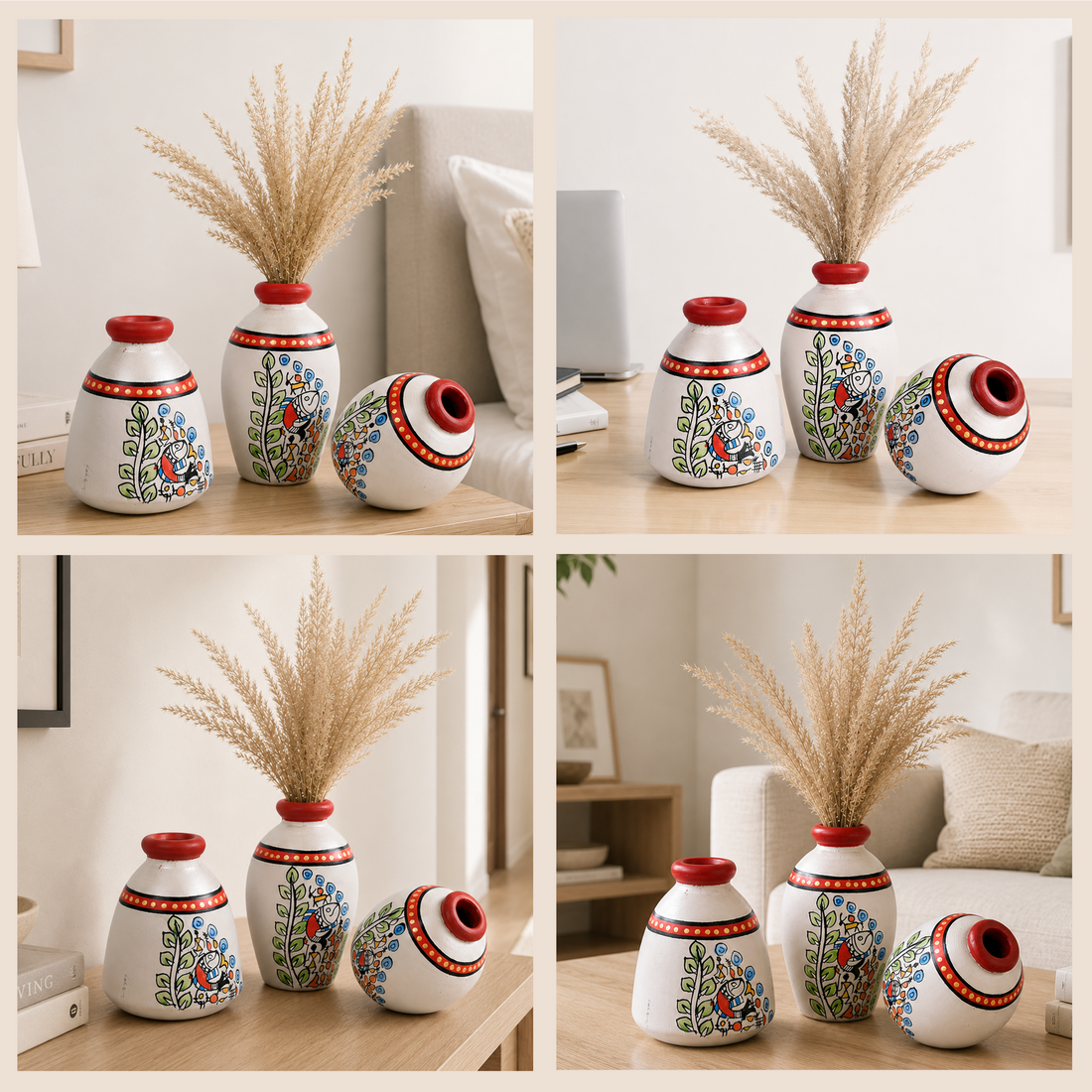 Vase Earthen Miniatures White Madhubani (Set of 3) 2.5/3/3