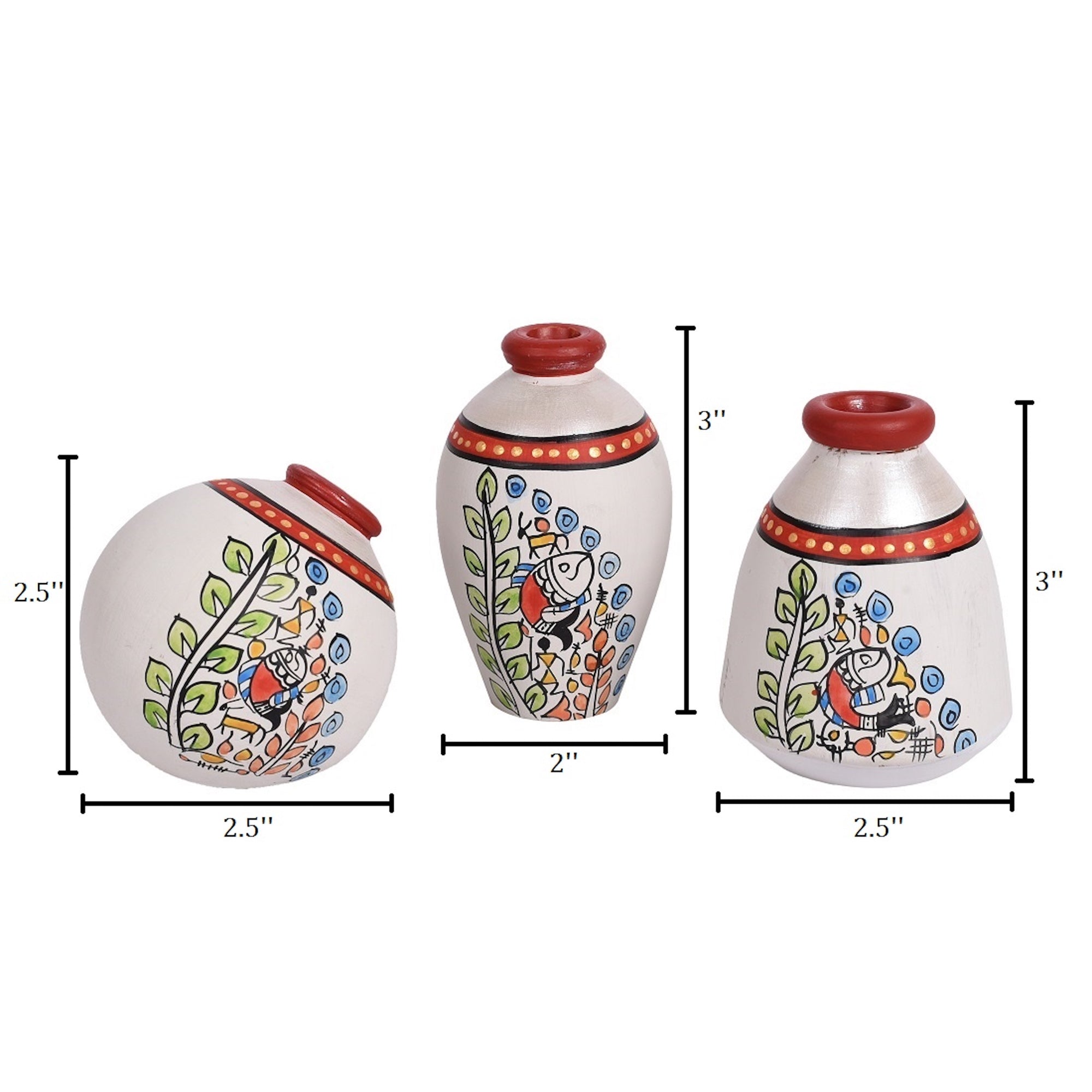 Vase Earthen Miniatures White Madhubani (Set of 3) 2.5/3/3