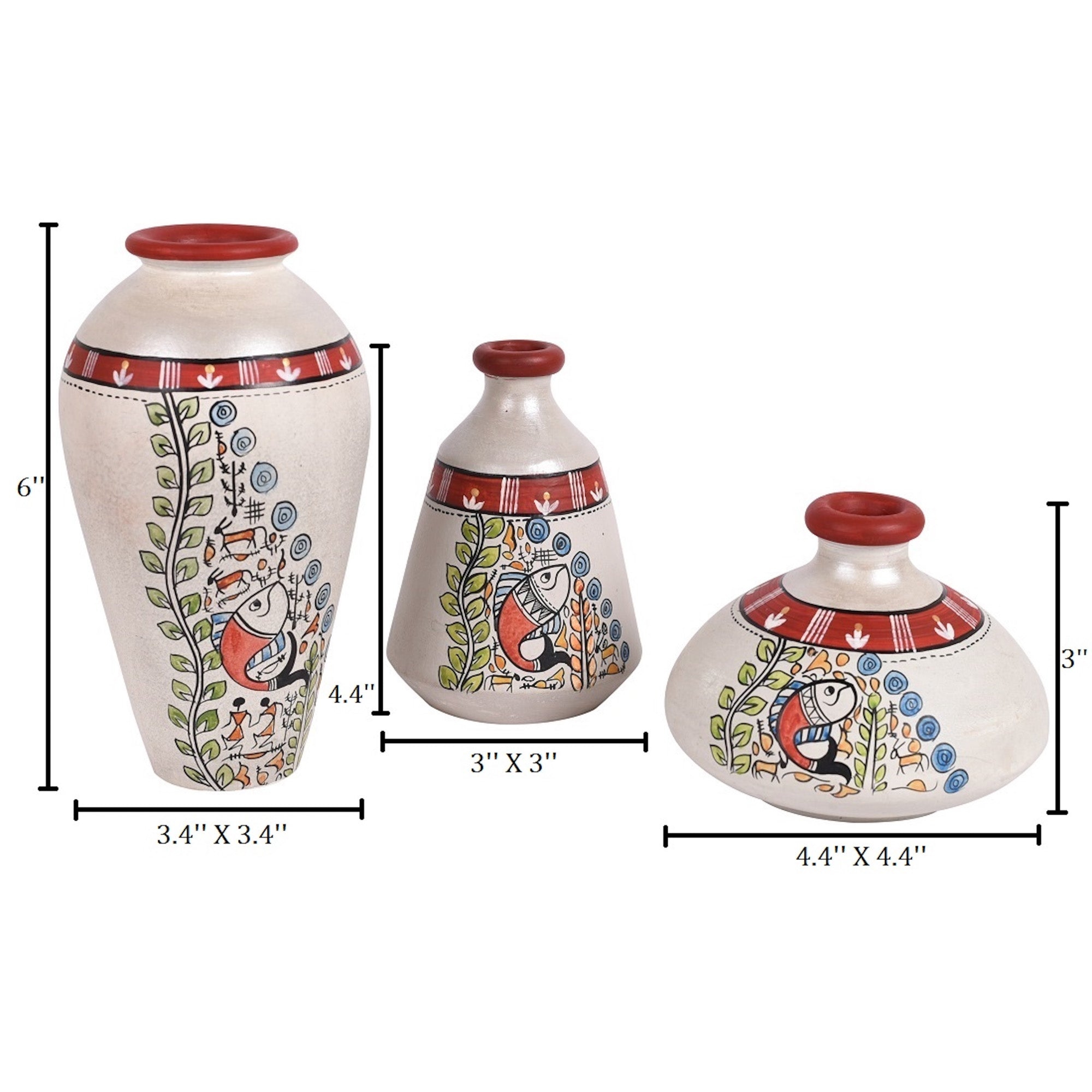 Vase Earthen Miniatures White Madhubani (Set of 3) 4.4/3/6