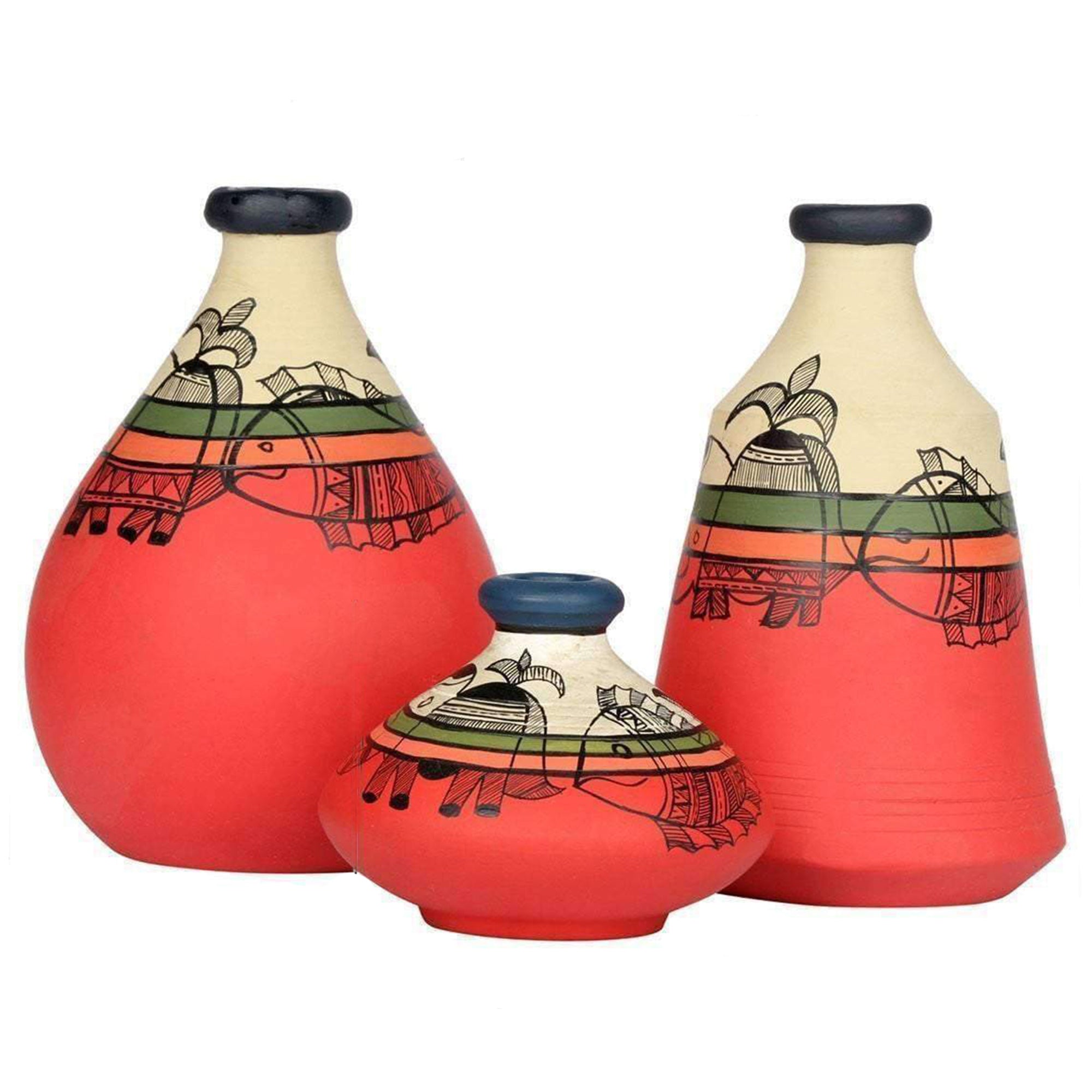Vase Earthen Carrot Red Madhubani (Set of 3) 6.3/3/6