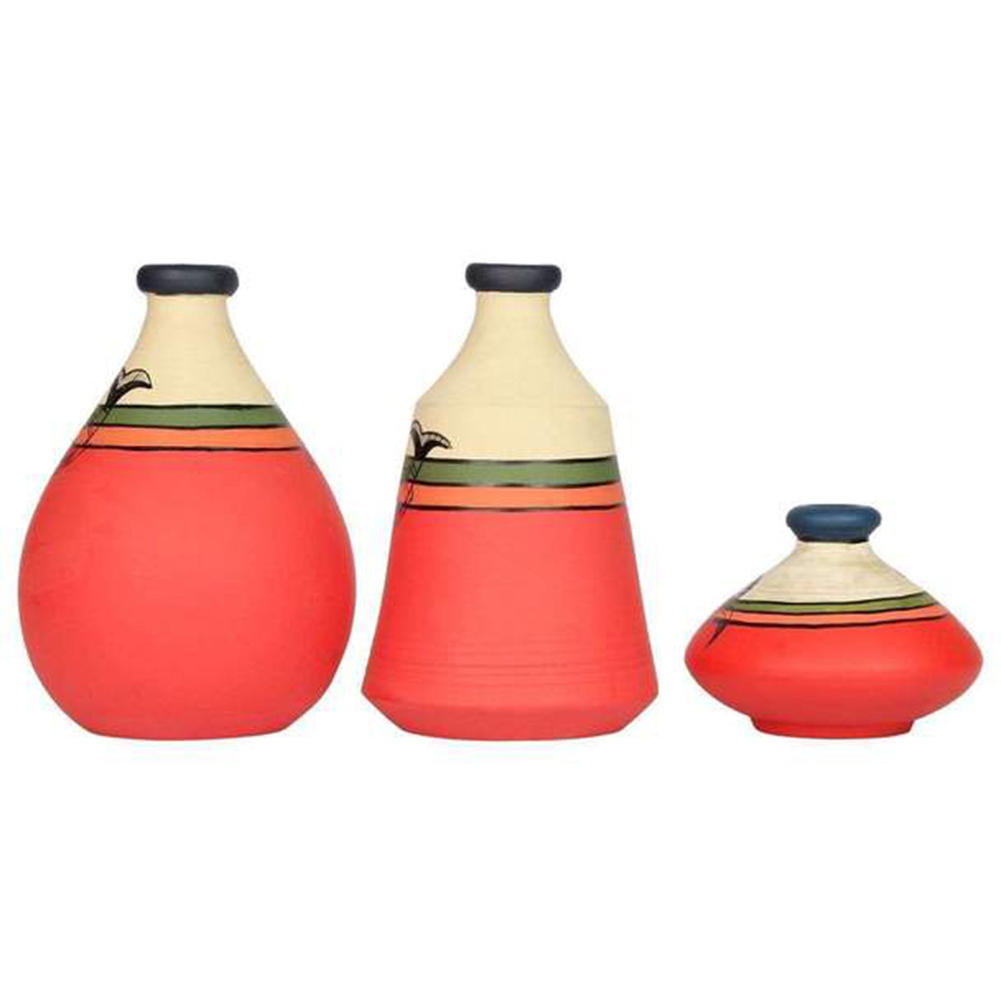 Vase Earthen Carrot Red Madhubani (Set of 3) 6.3/3/6