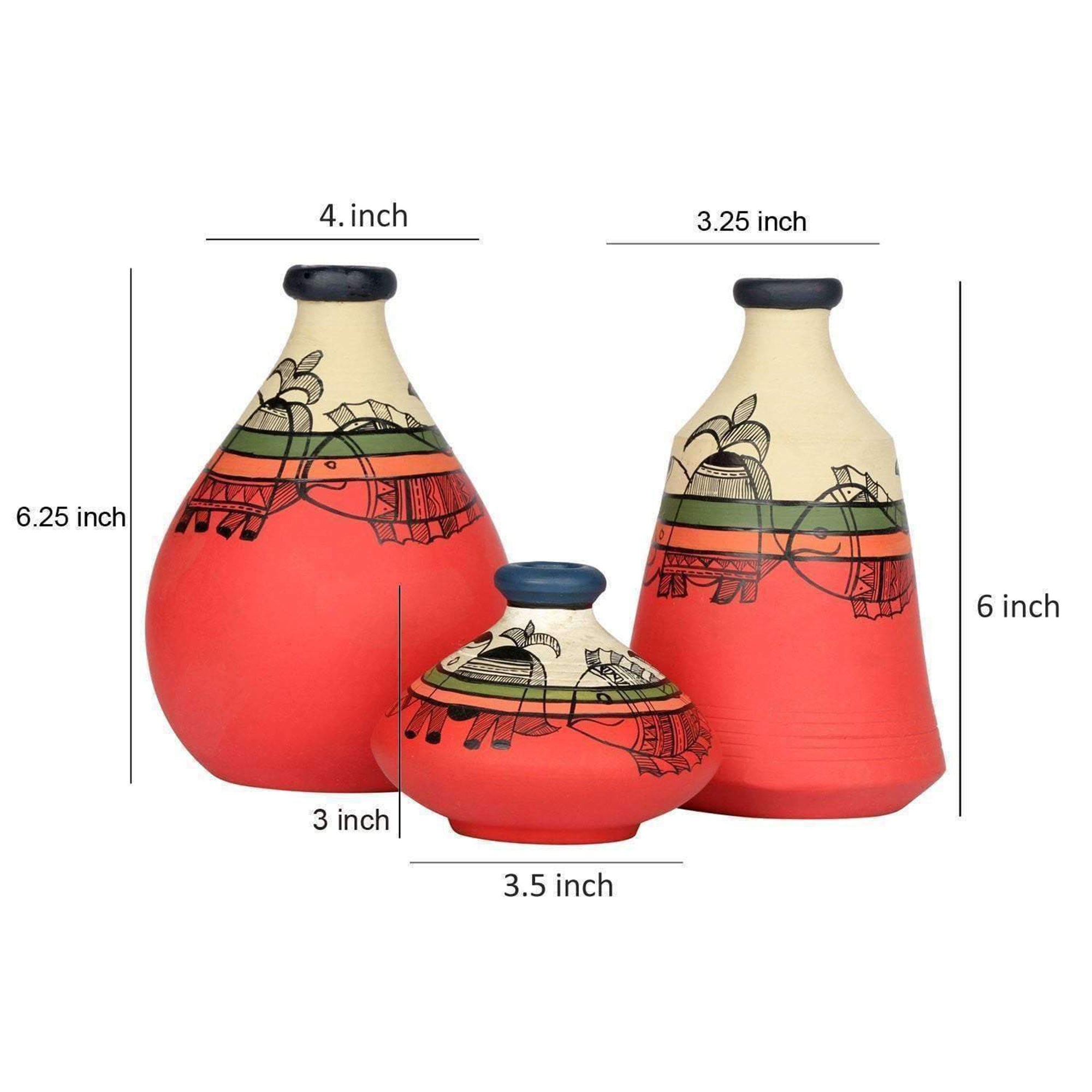Vase Earthen Carrot Red Madhubani (Set of 3) 6.3/3/6