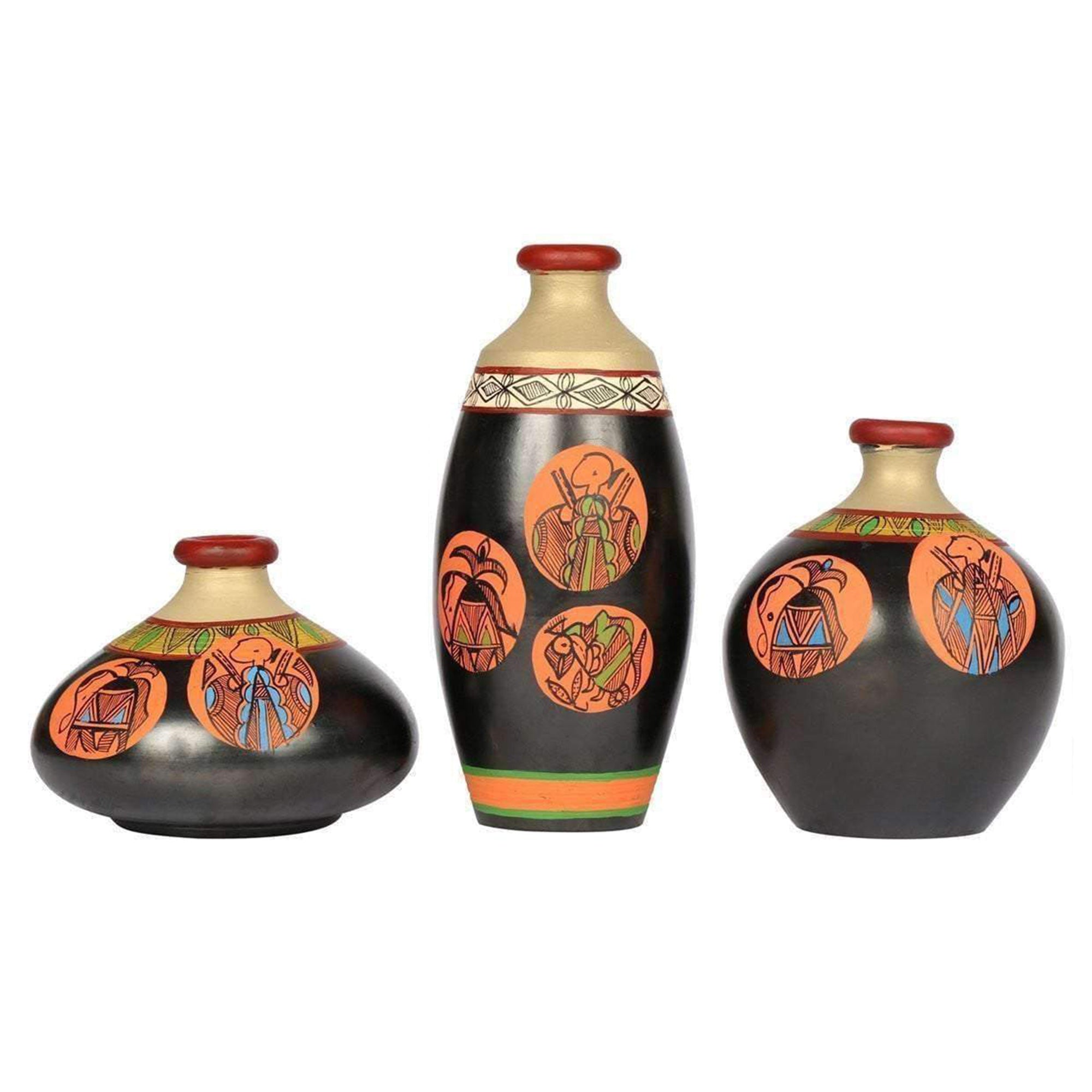 Vase Earthen Black Madhubani (Set of 3) 3.2/7/4.5