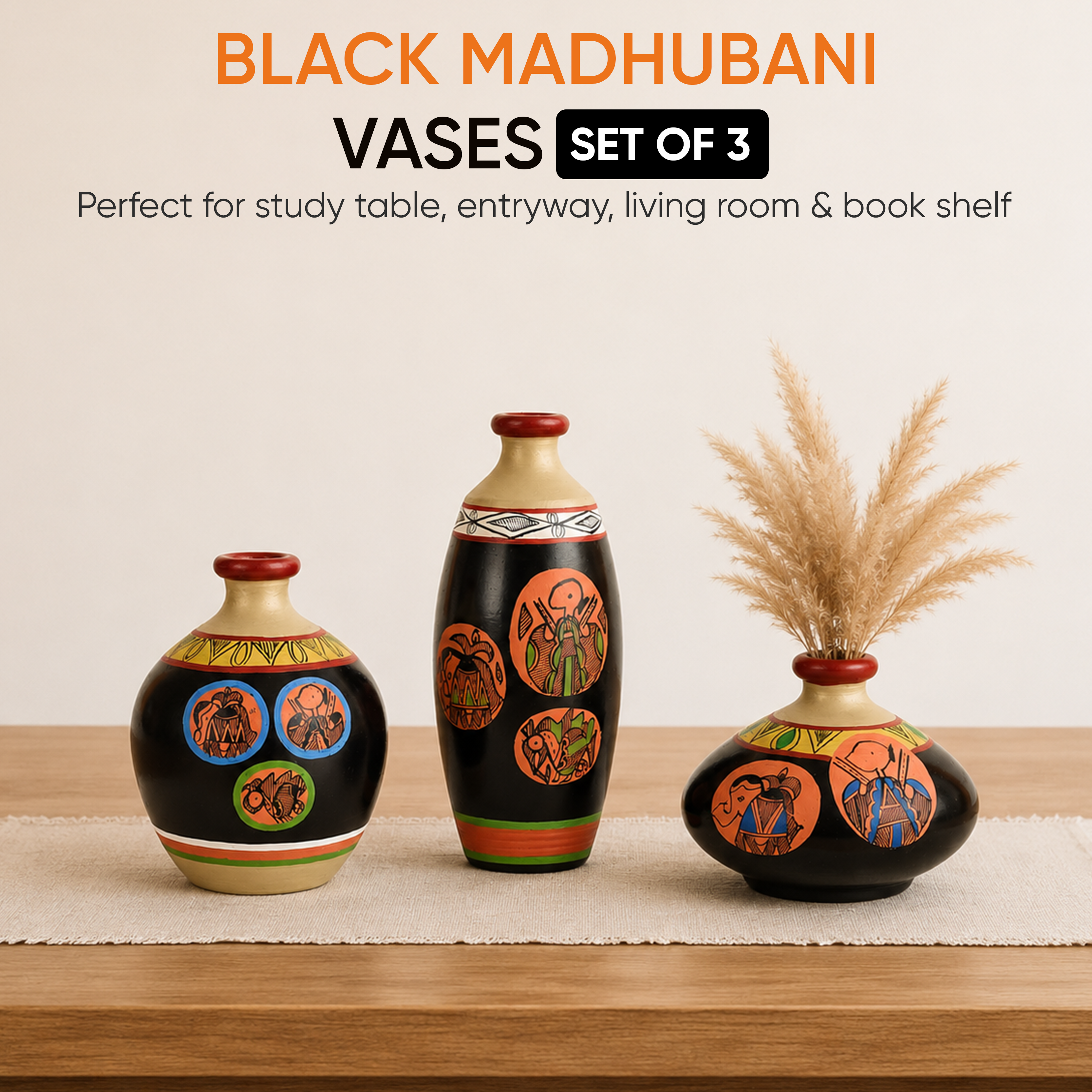 Vase Earthen Black Madhubani (Set of 3) 3.2/7/4.5