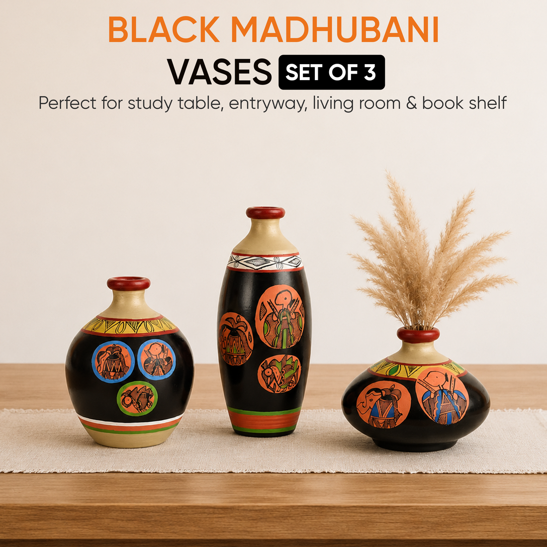 Vase Earthen Black Madhubani (Set of 3) 3.2/7/4.5