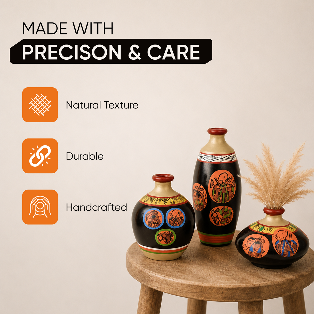 Vase Earthen Black Madhubani (Set of 3) 3.2/7/4.5