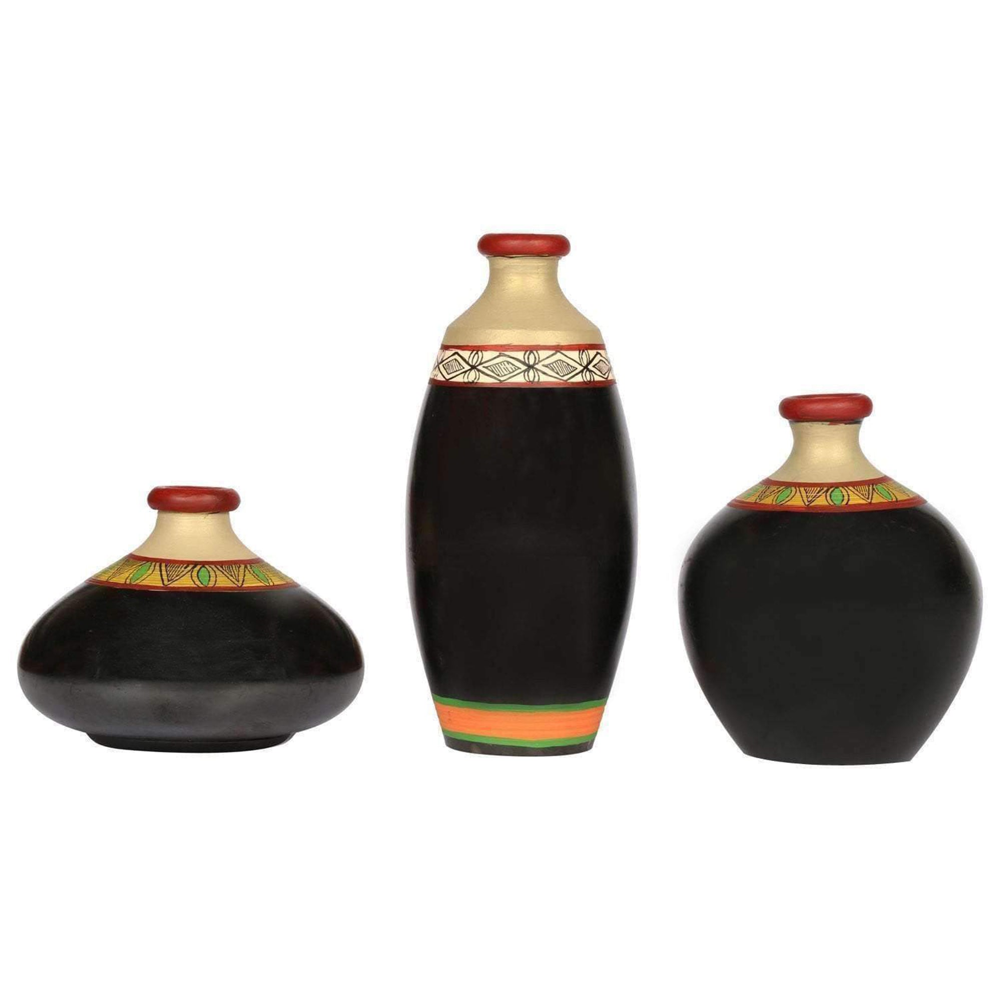 Vase Earthen Black Madhubani (Set of 3) 3.2/7/4.5