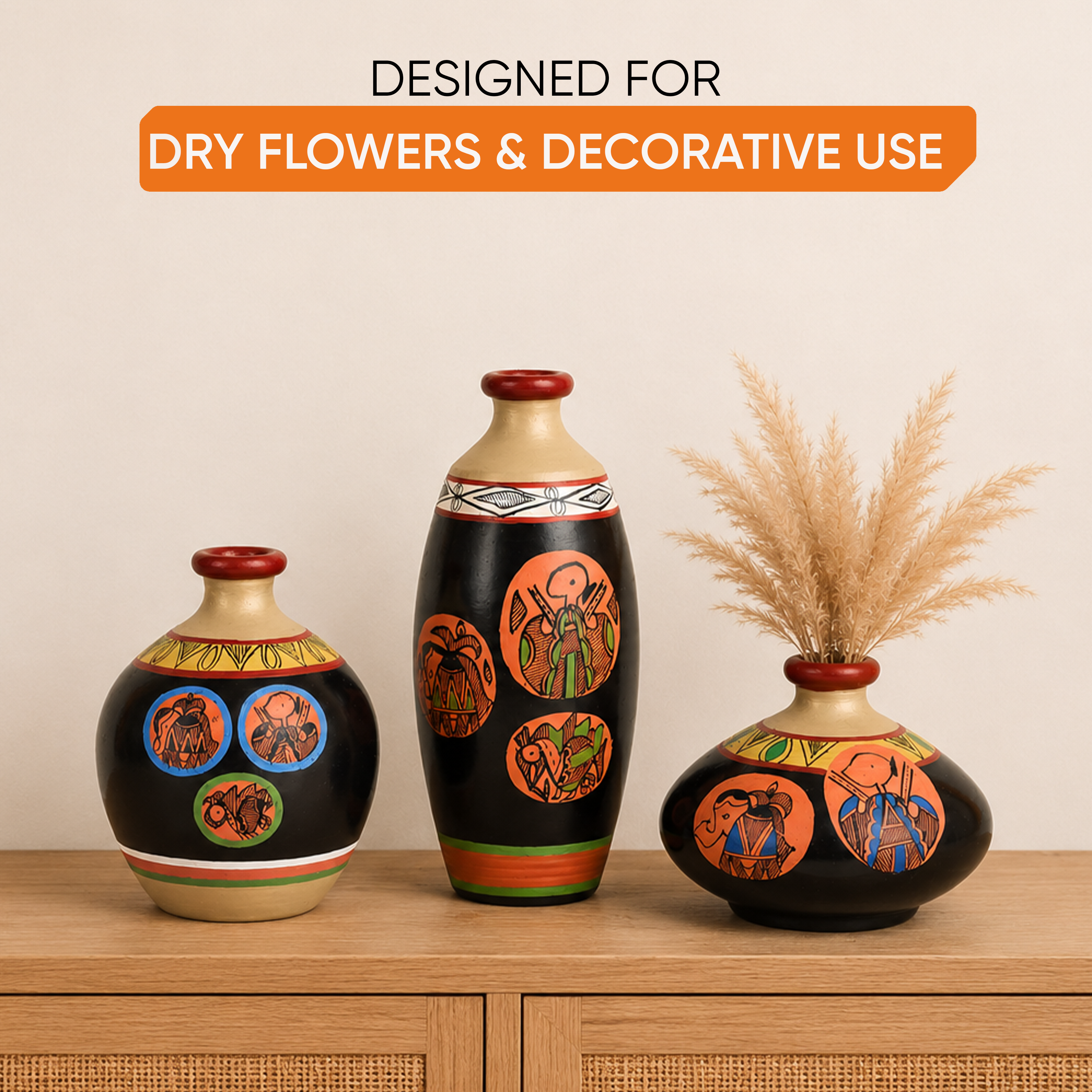 Vase Earthen Black Madhubani (Set of 3) 3.2/7/4.5