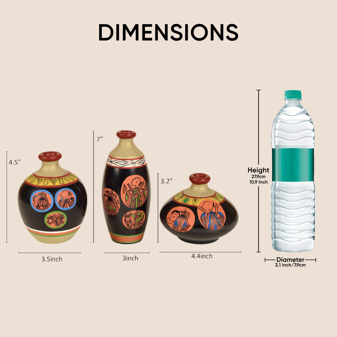Vase Earthen Black Madhubani (Set of 3) 3.2/7/4.5