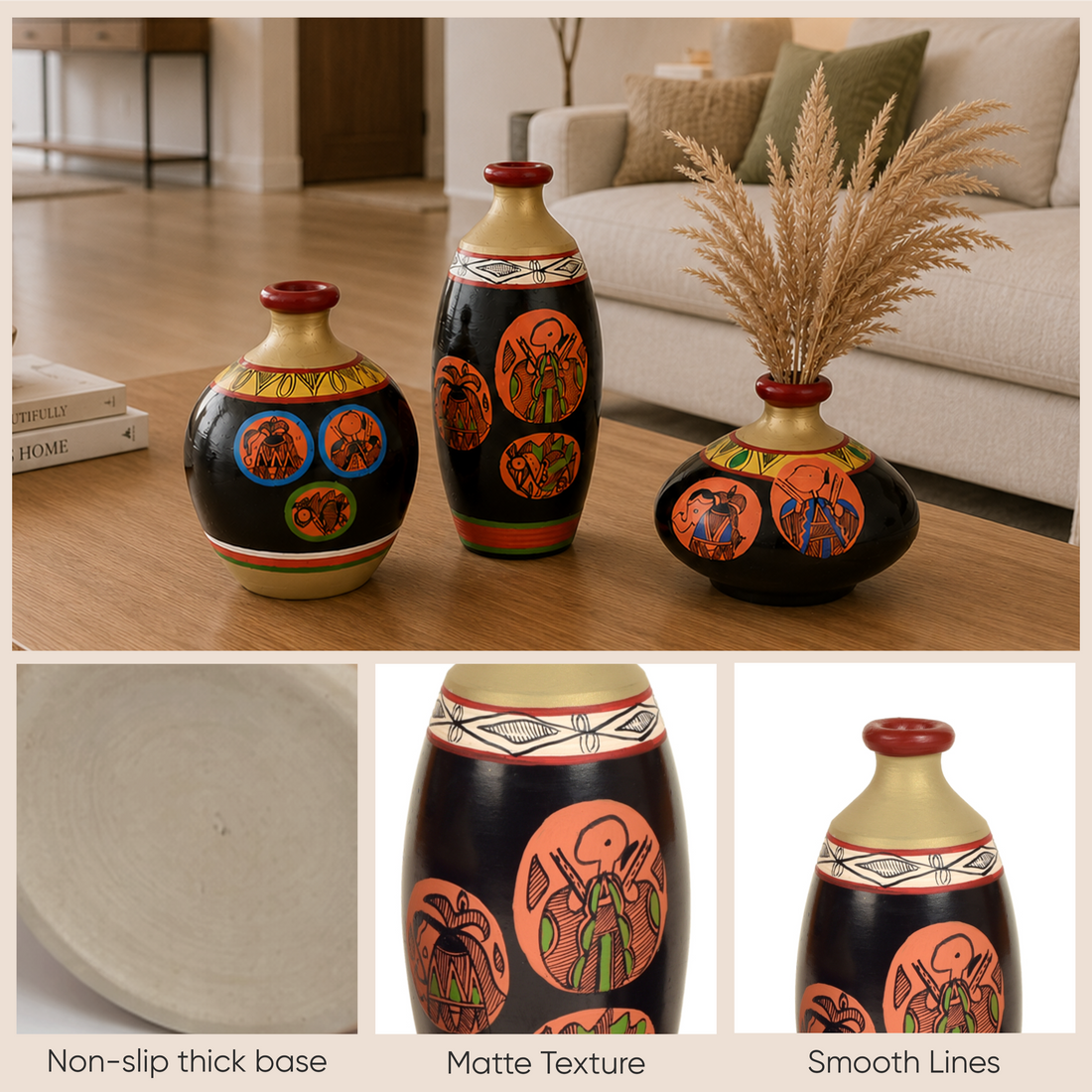 Vase Earthen Black Madhubani (Set of 3) 3.2/7/4.5