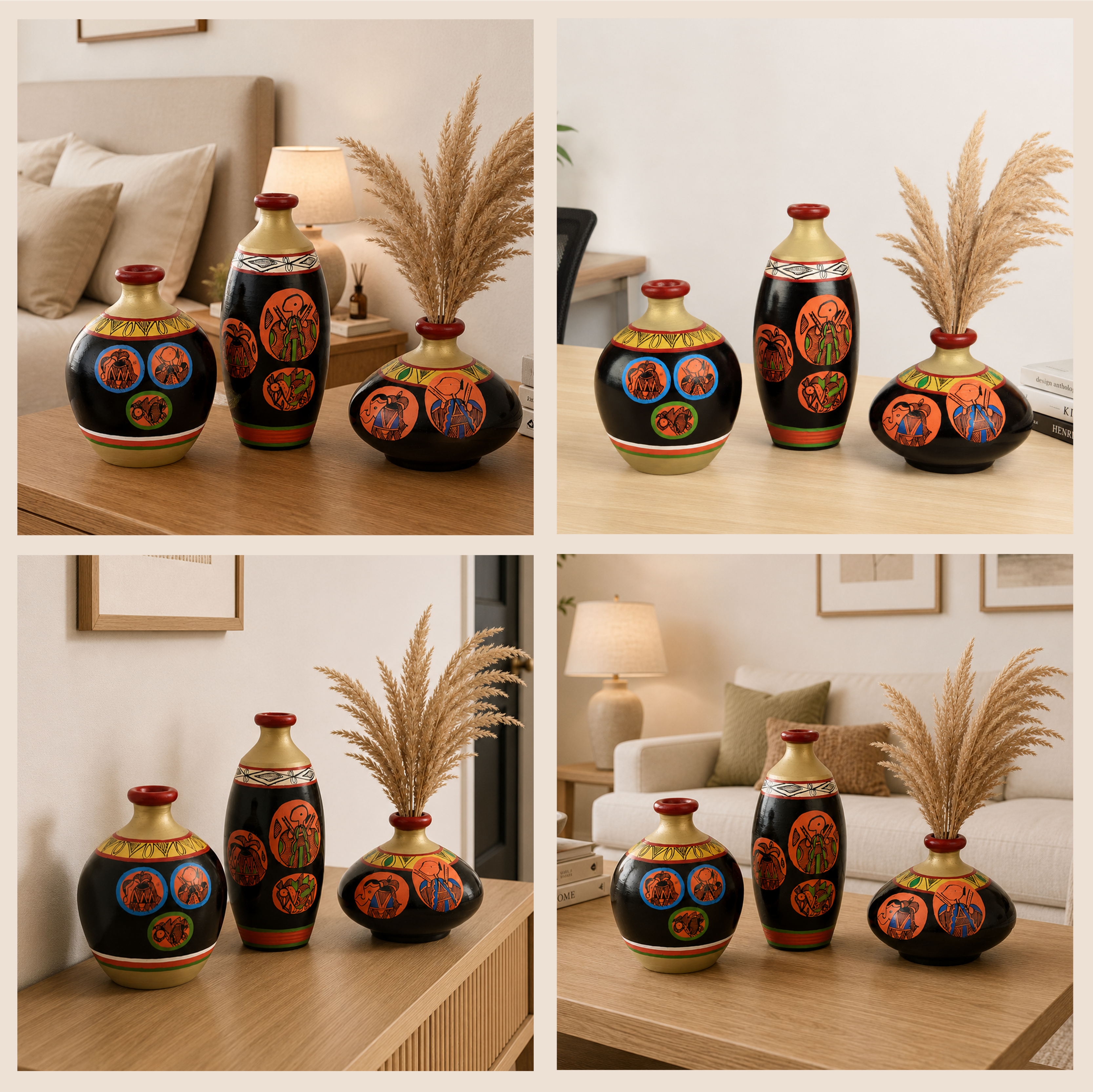 Vase Earthen Black Madhubani (Set of 3) 3.2/7/4.5