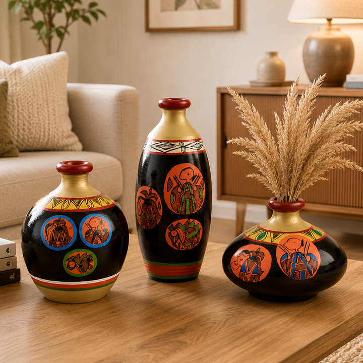 Vase Earthen Black Madhubani (Set of 3) 3.2/7/4.5