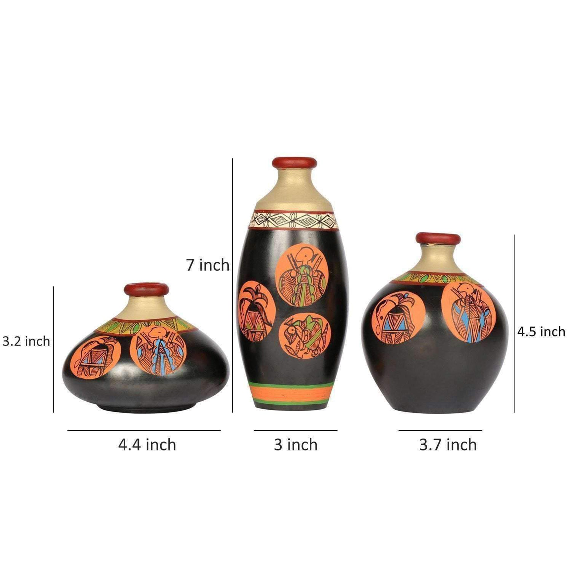 Vase Earthen Black Madhubani (Set of 3) 3.2/7/4.5