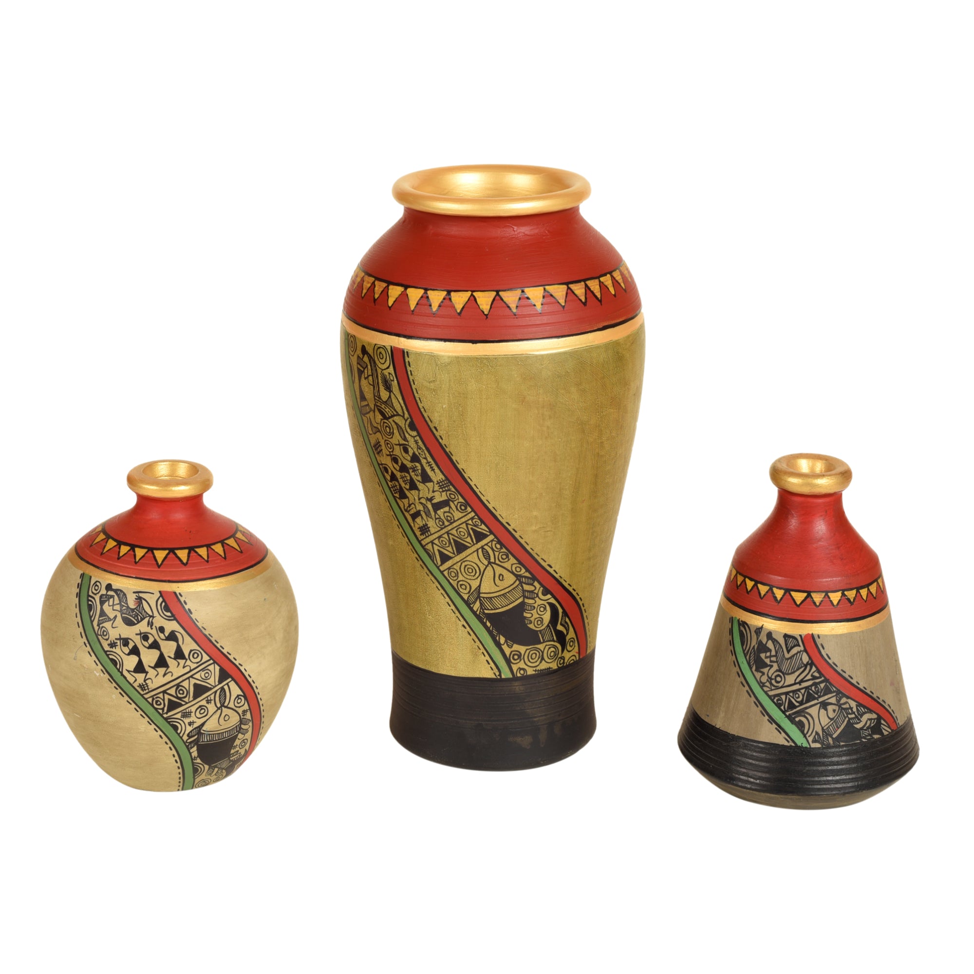 Mud Red Earthen Miniature Vases with Warli Art