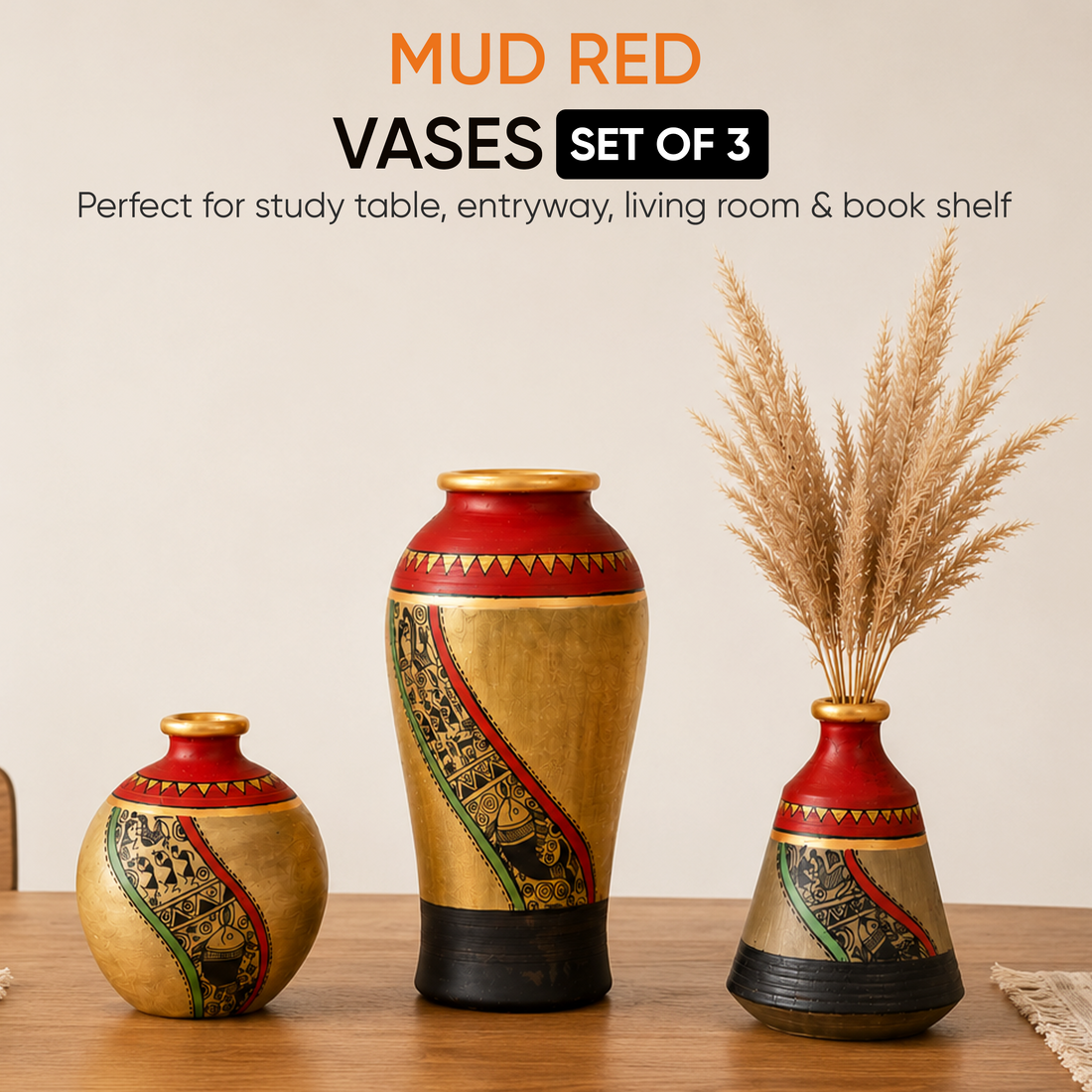 Mud Red Earthen Miniature Vases with Warli Art