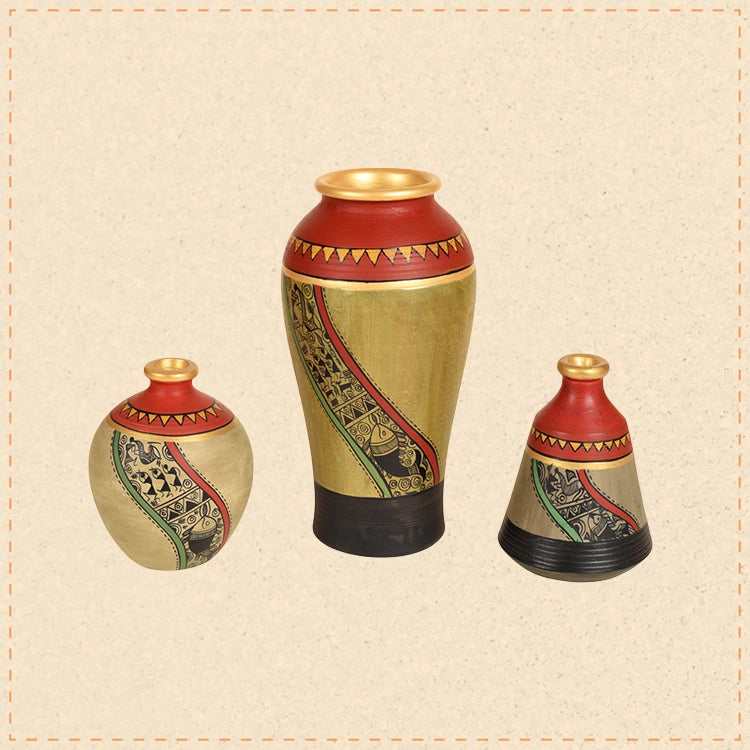 Mud Red Earthen Miniature Vases with Warli Art