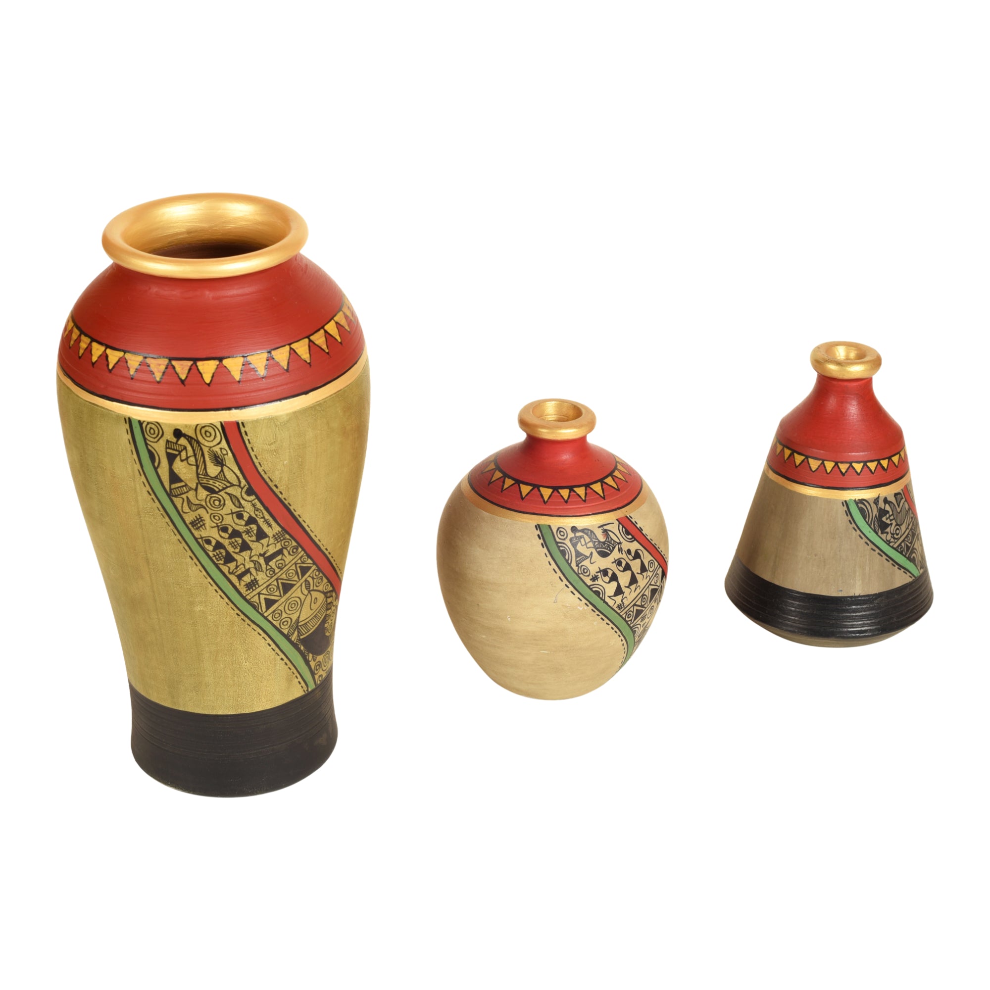 Mud Red Earthen Miniature Vases with Warli Art
