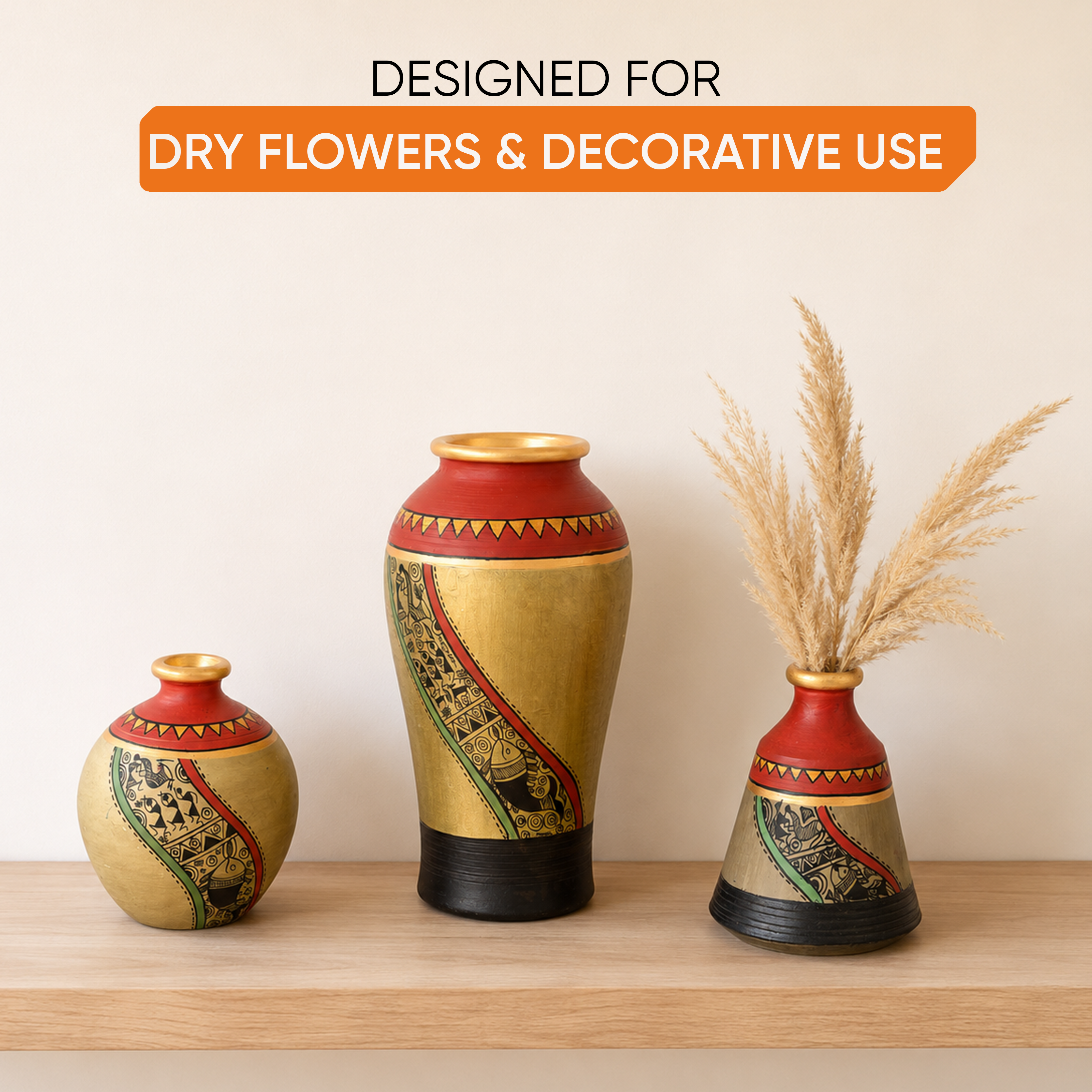 Mud Red Earthen Miniature Vases with Warli Art
