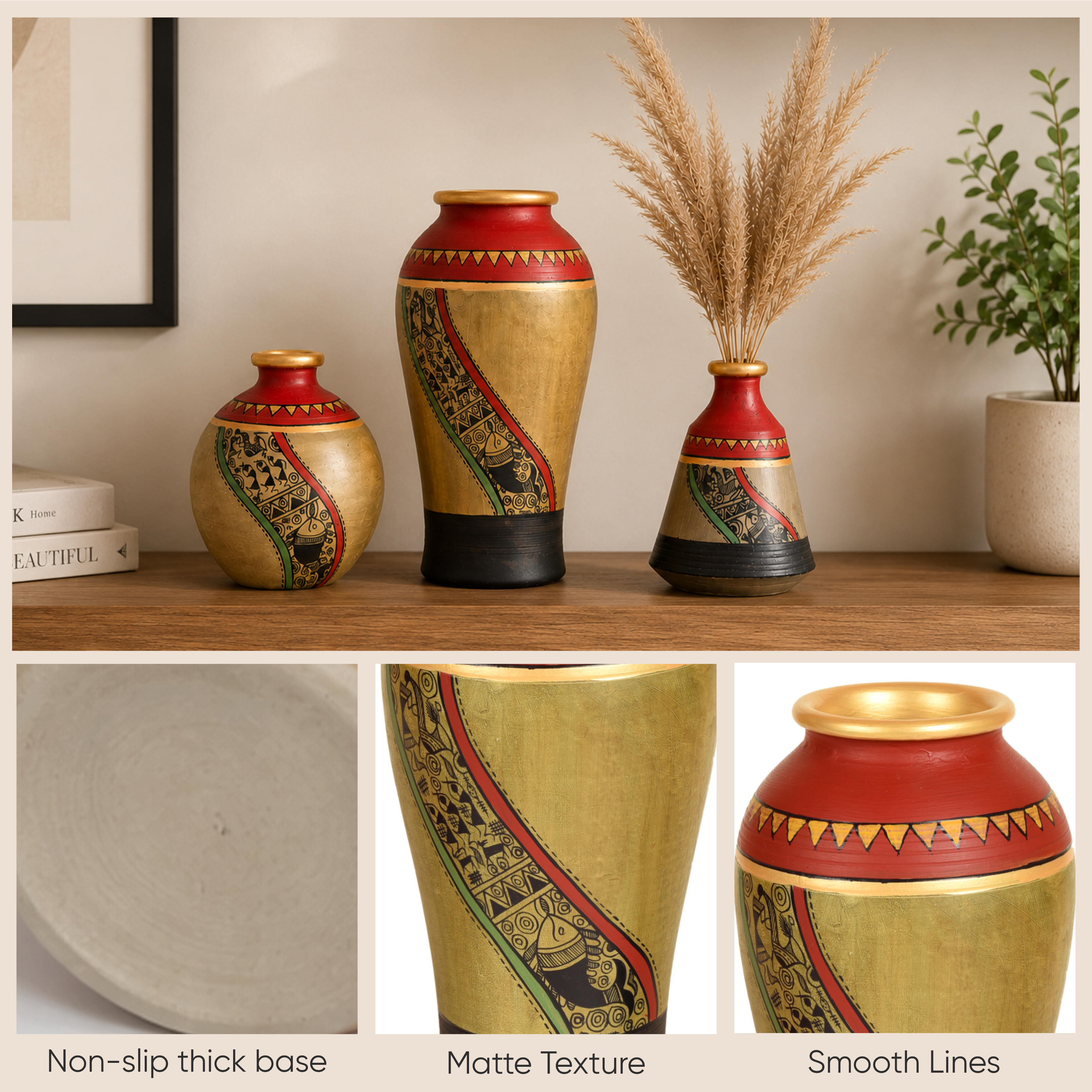 Mud Red Earthen Miniature Vases with Warli Art