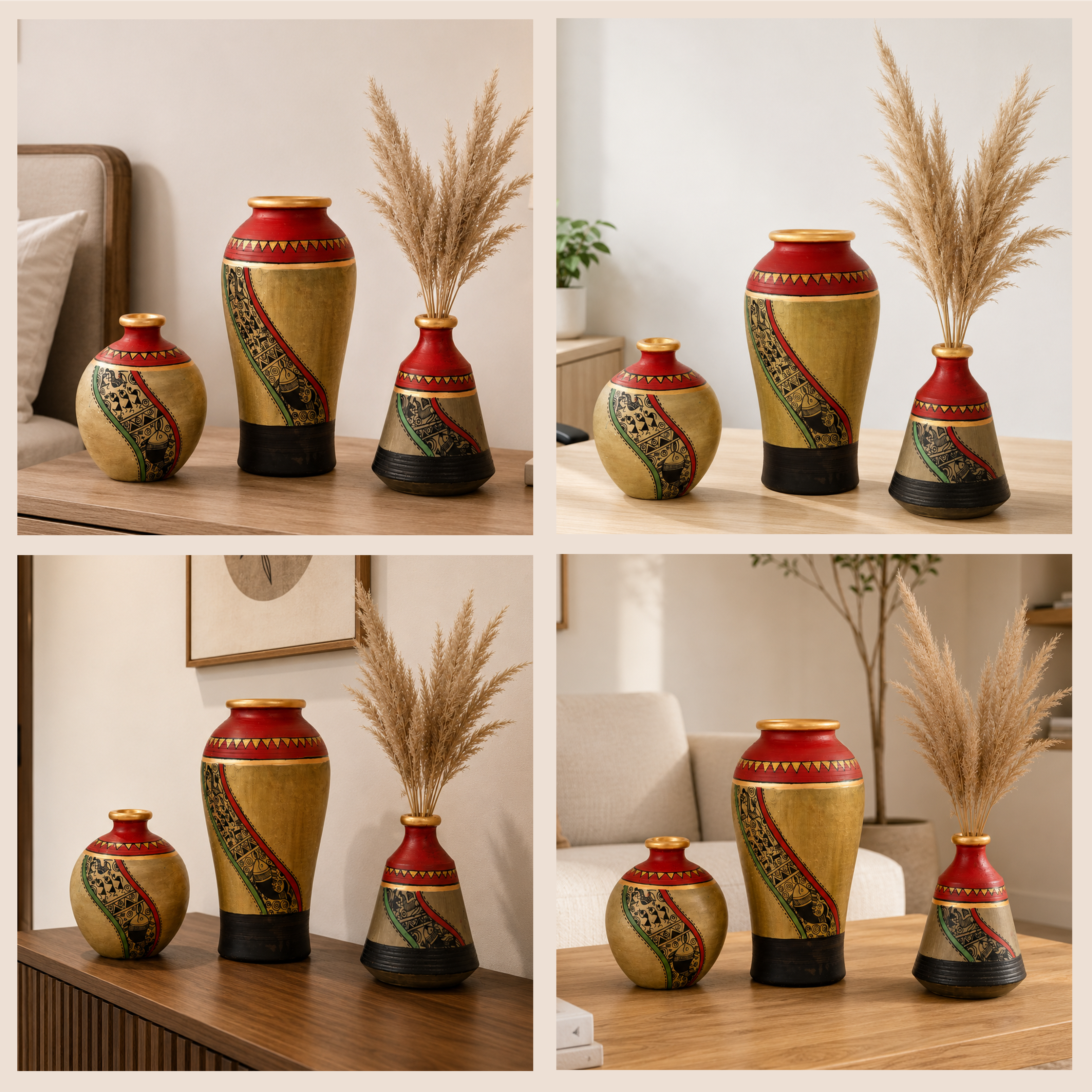 Mud Red Earthen Miniature Vases with Warli Art