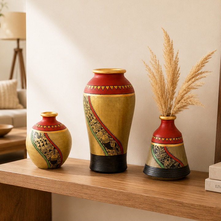 Mud Red Earthen Miniature Vases with Warli Art