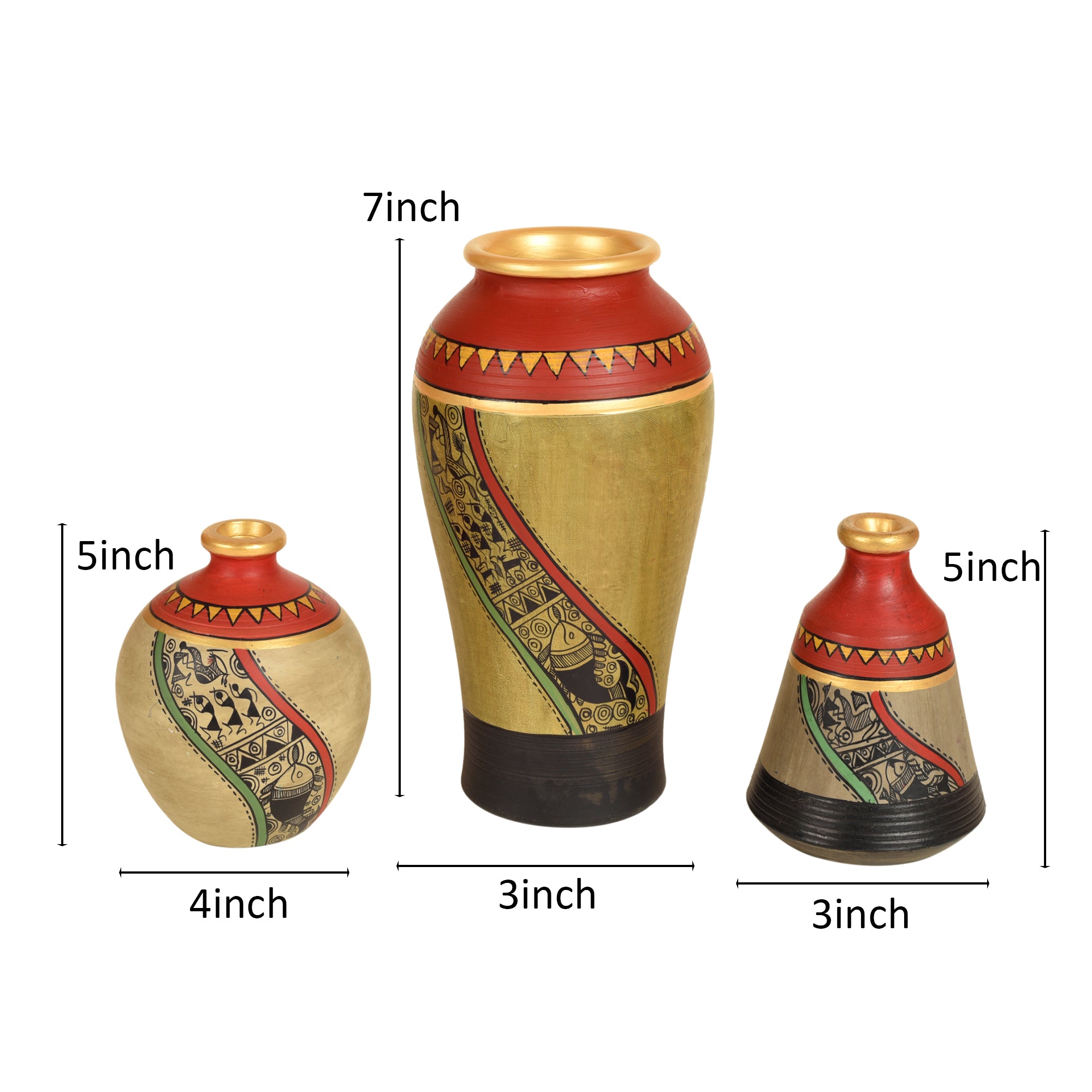 Mud Red Earthen Miniature Vases with Warli Art