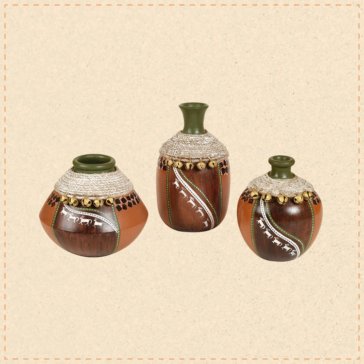 Coco-F Jute Embellished Earthen Vases in Warli Art