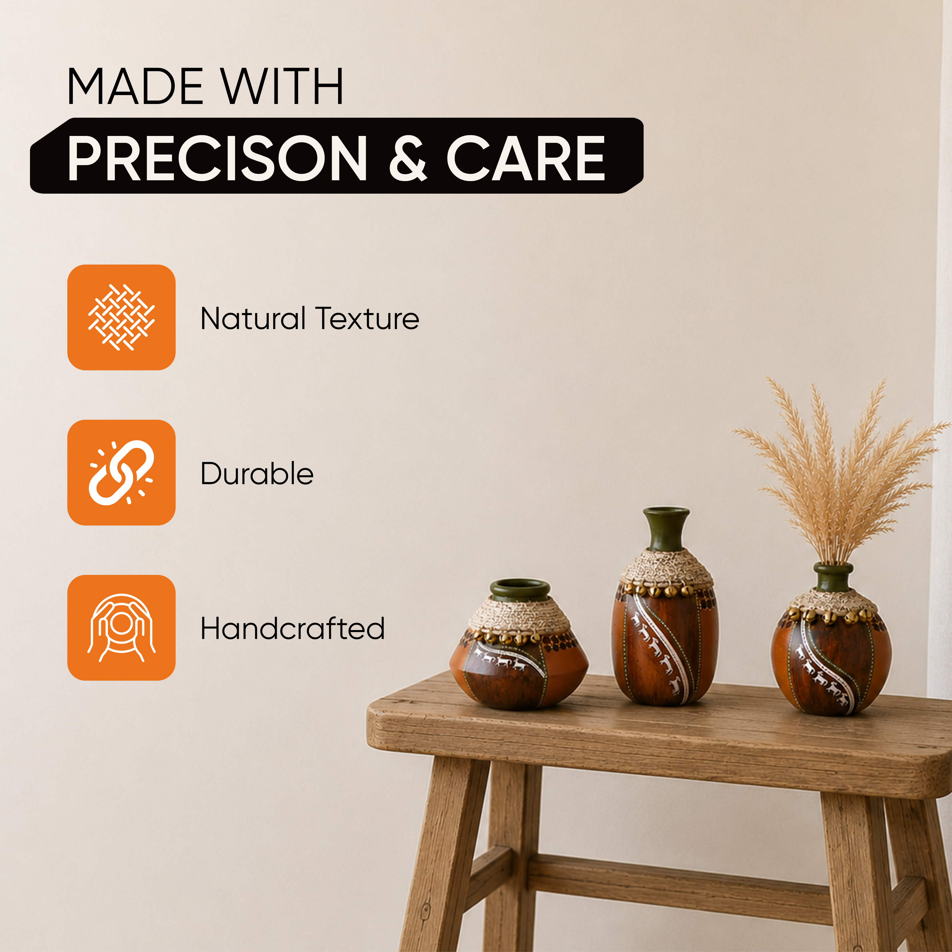 Coco-F Jute Embellished Earthen Vases in Warli Art