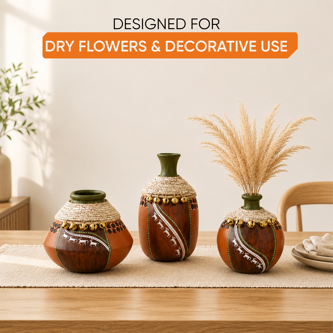 Coco-F Jute Embellished Earthen Vases in Warli Art
