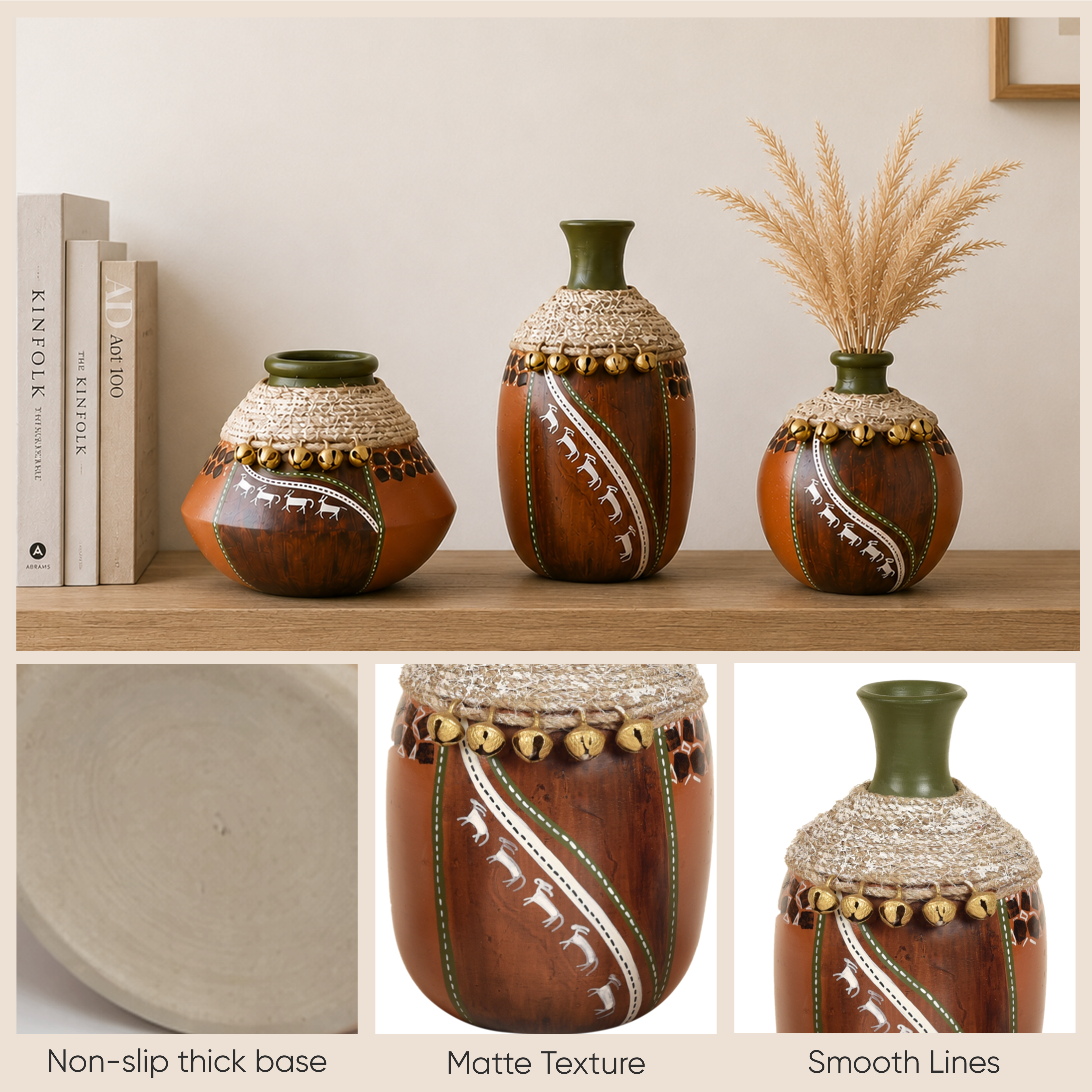 Coco-F Jute Embellished Earthen Vases in Warli Art