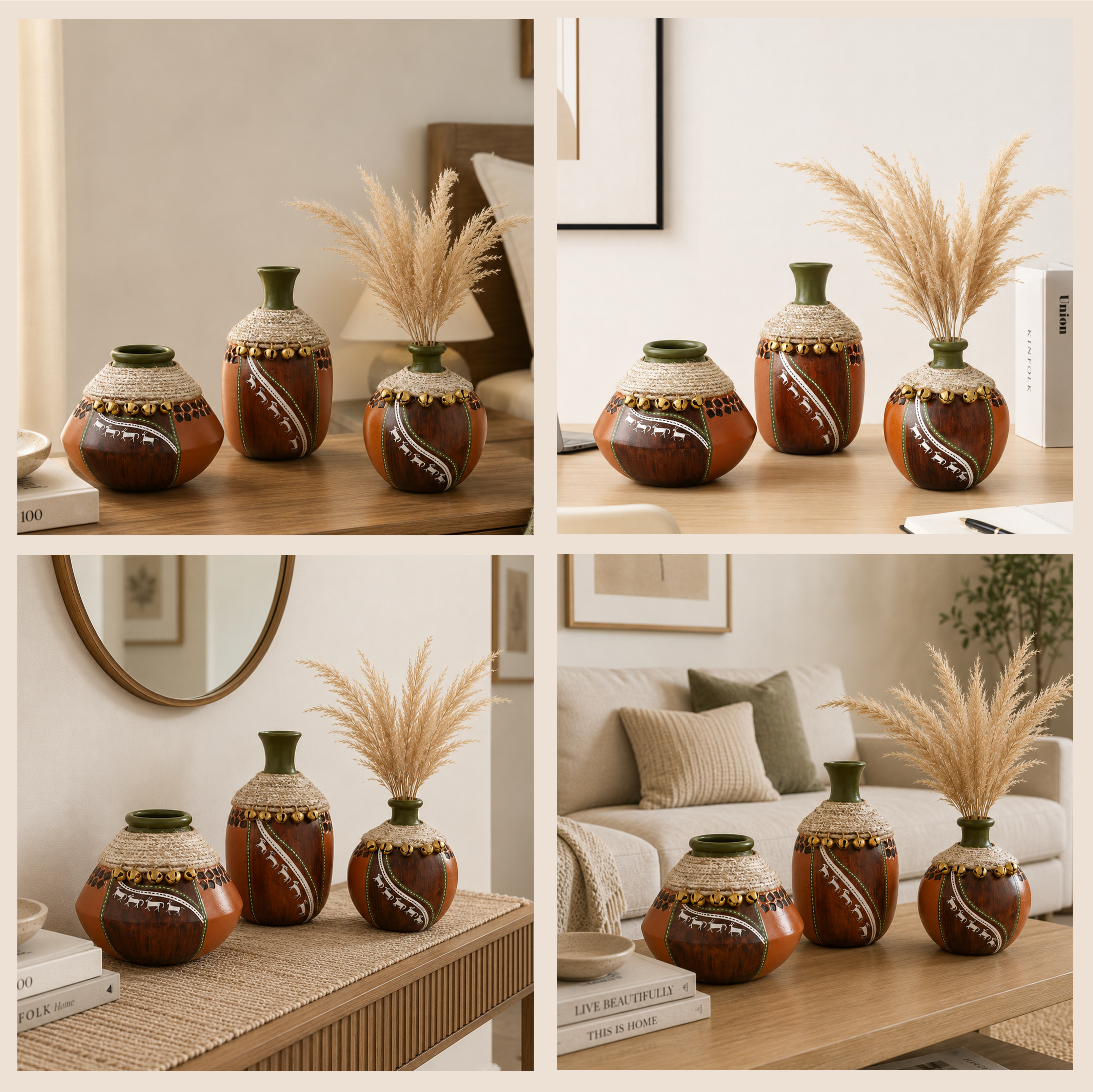 Coco-F Jute Embellished Earthen Vases in Warli Art